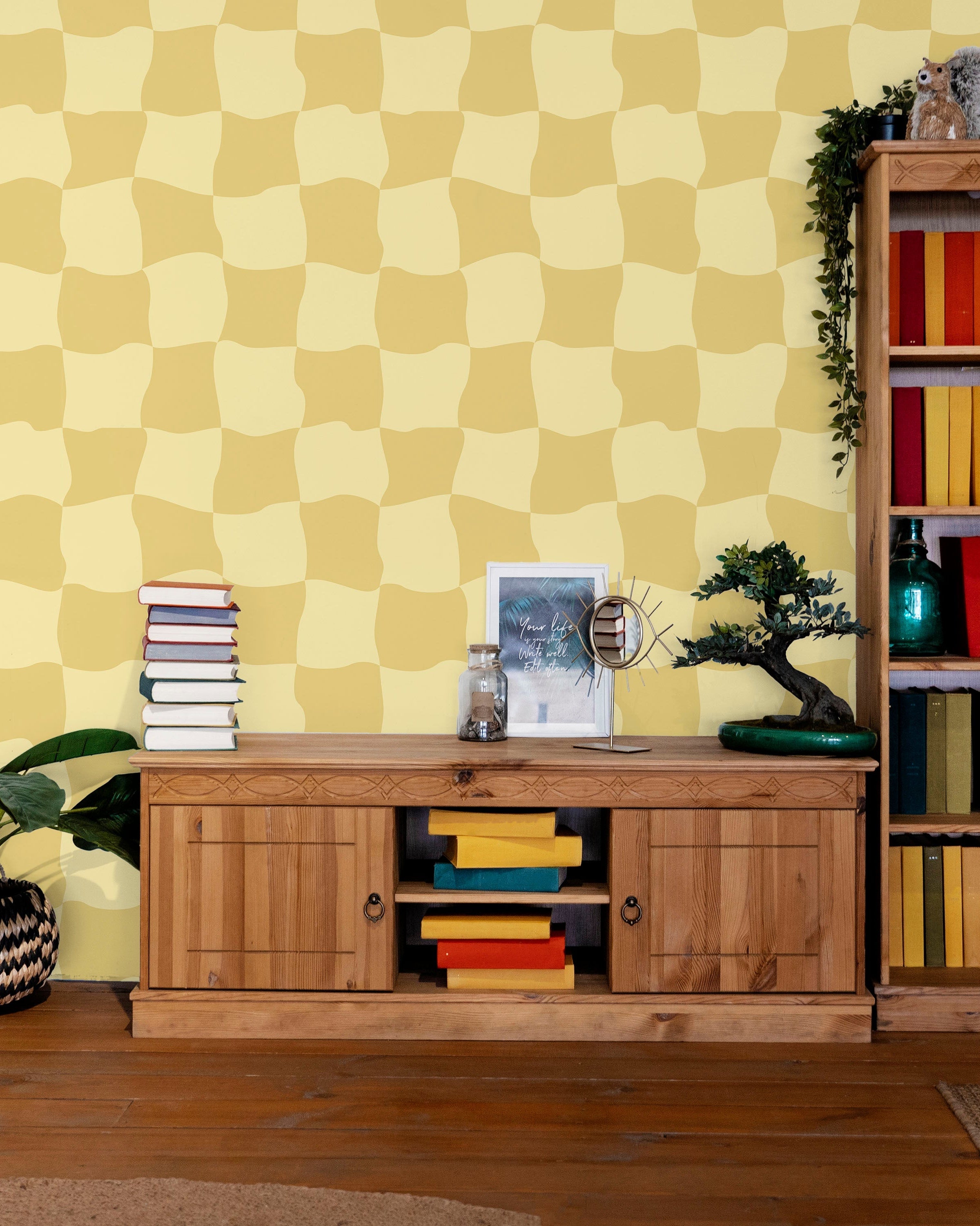 Wavy Squares Peel and Stick Wallpaper, Removable Wallpaper, Traditional Wallpaper - Yellow | DeccoPrint