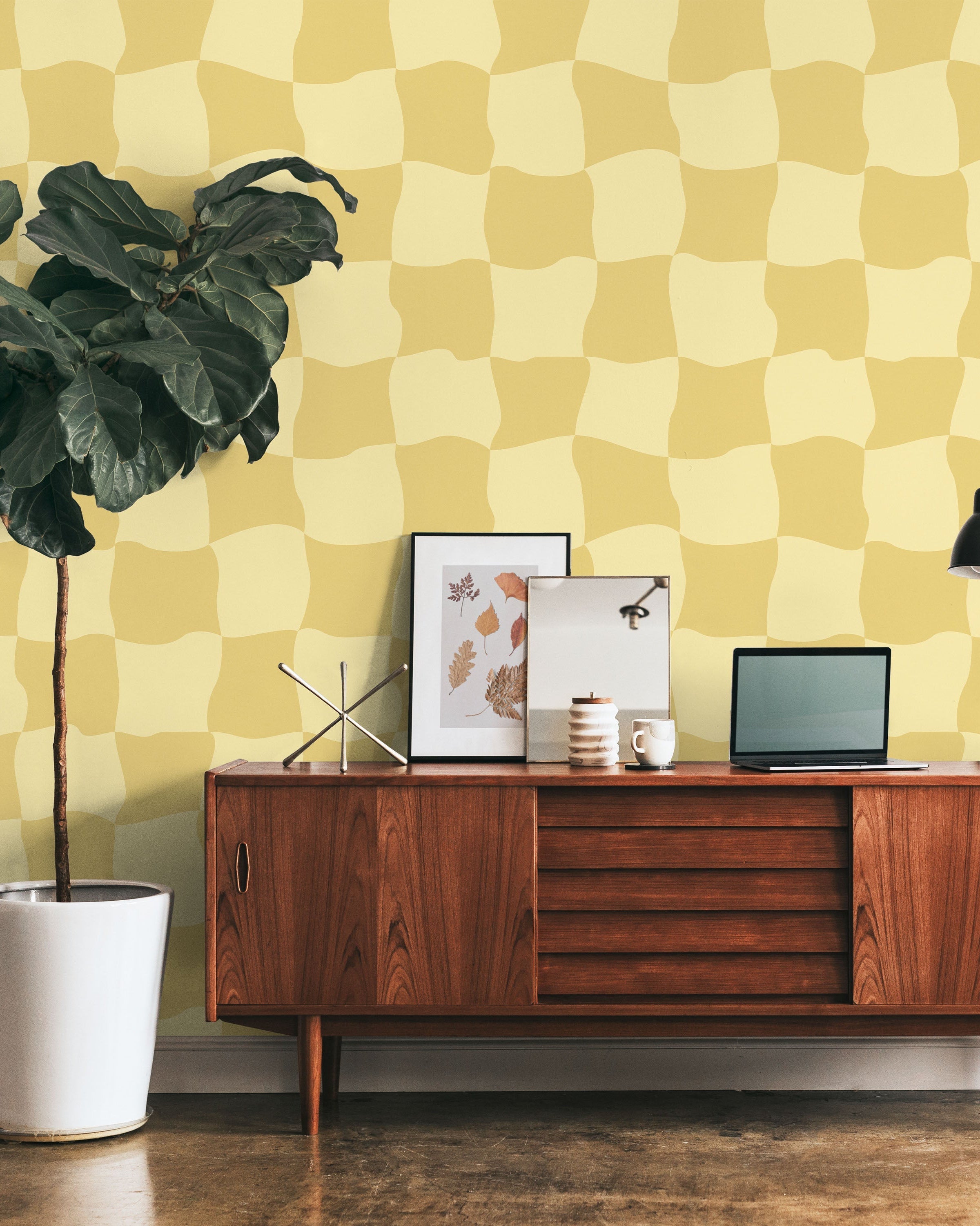 Wavy Squares Peel and Stick Wallpaper, Removable Wallpaper, Traditional Wallpaper - Yellow | DeccoPrint