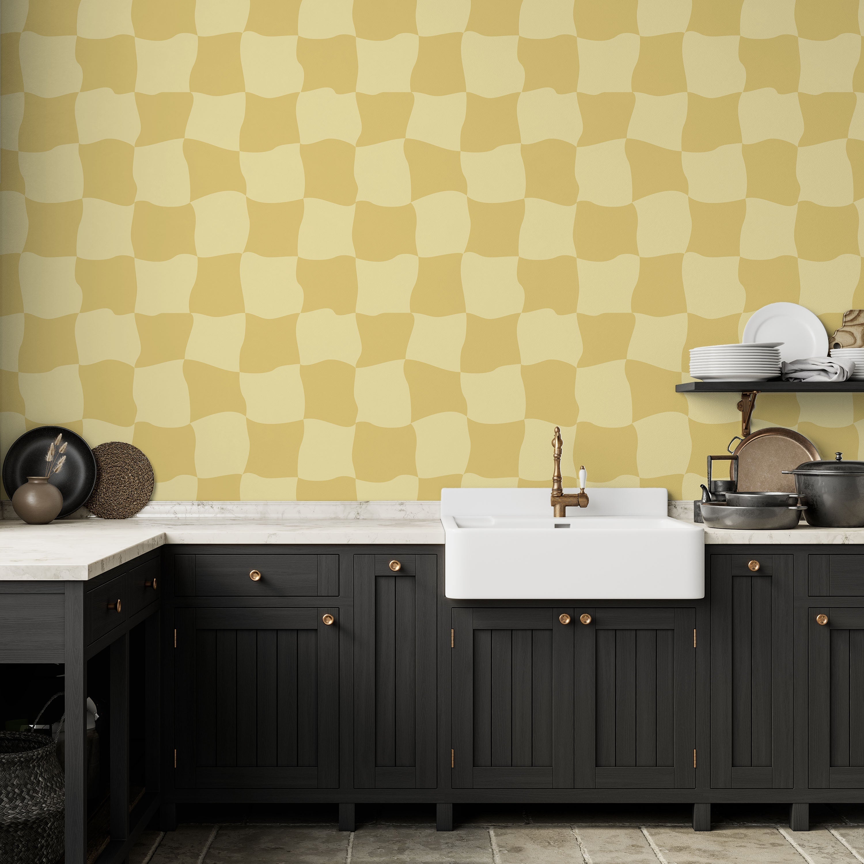 Wavy Squares Peel and Stick Wallpaper, Removable Wallpaper, Traditional Wallpaper - Yellow | DeccoPrint