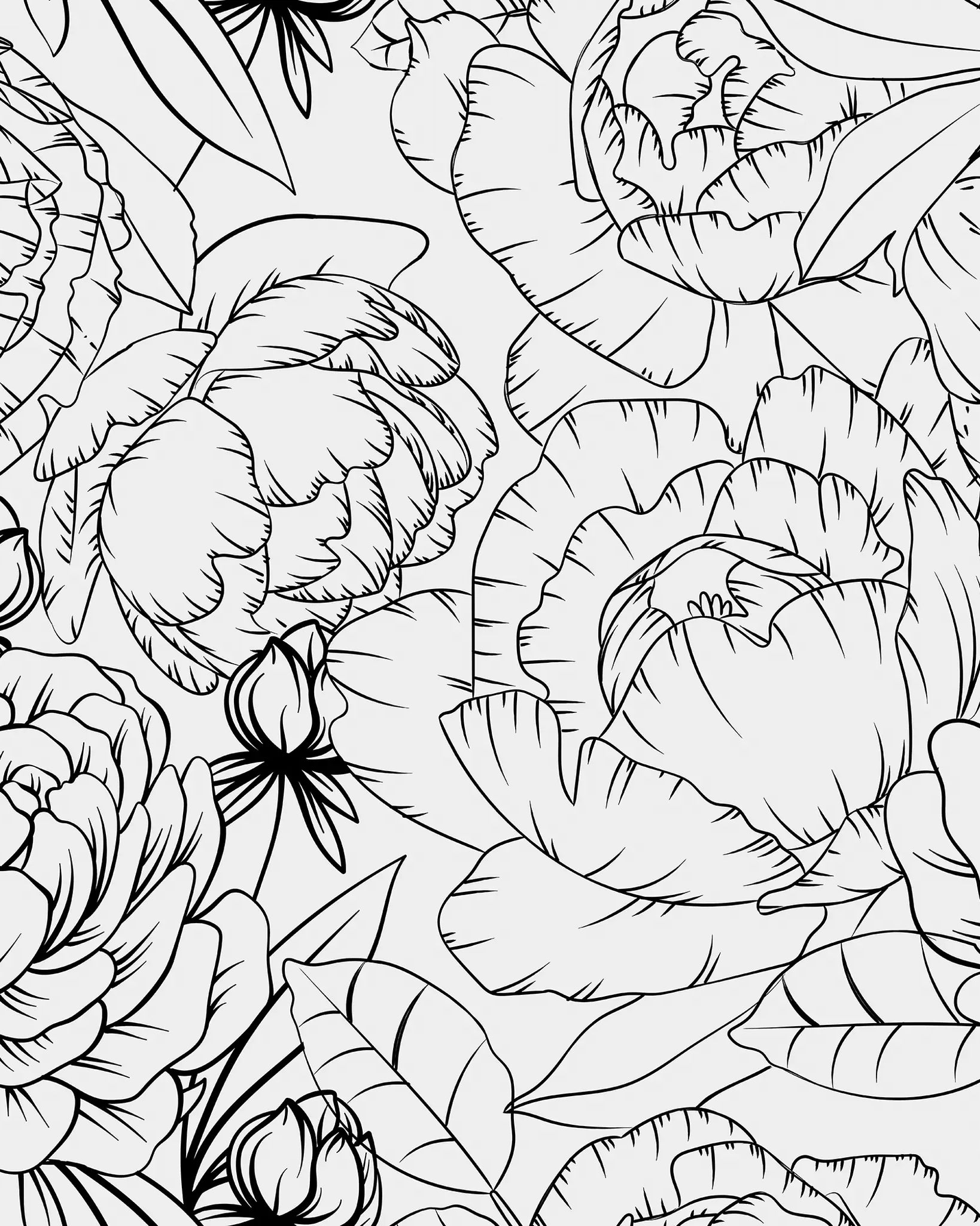 Black and white floral pattern with detailed flowers and leaves