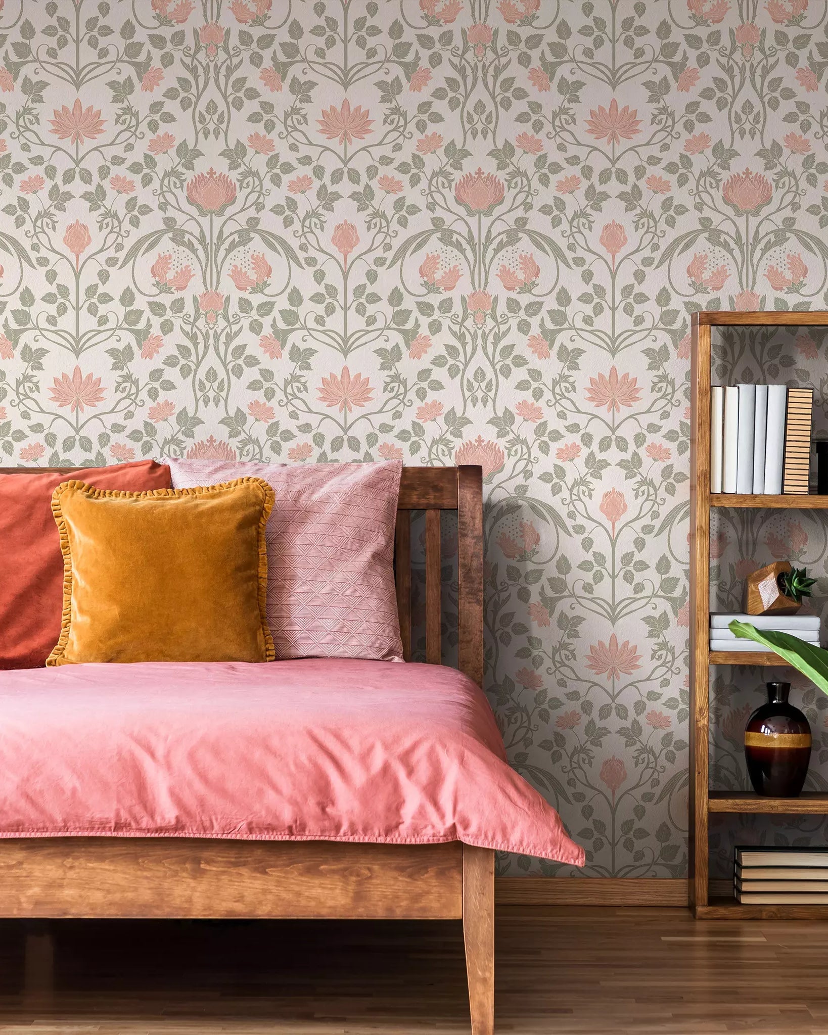 Bedroom with floral wallpaper, wooden bed, and bookshelf.