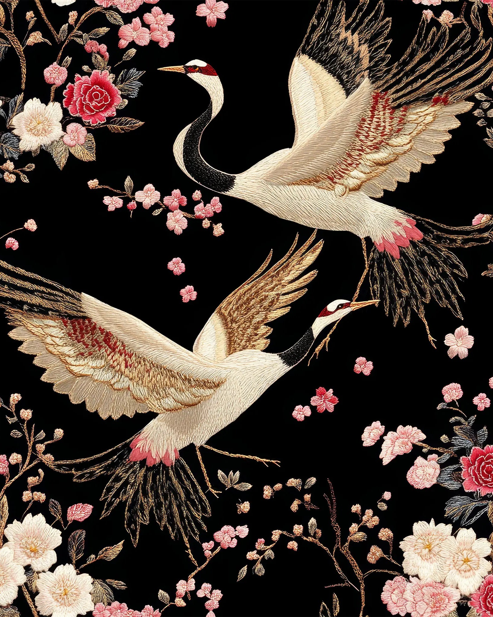 Embroidered design of cranes and flowers on a black background