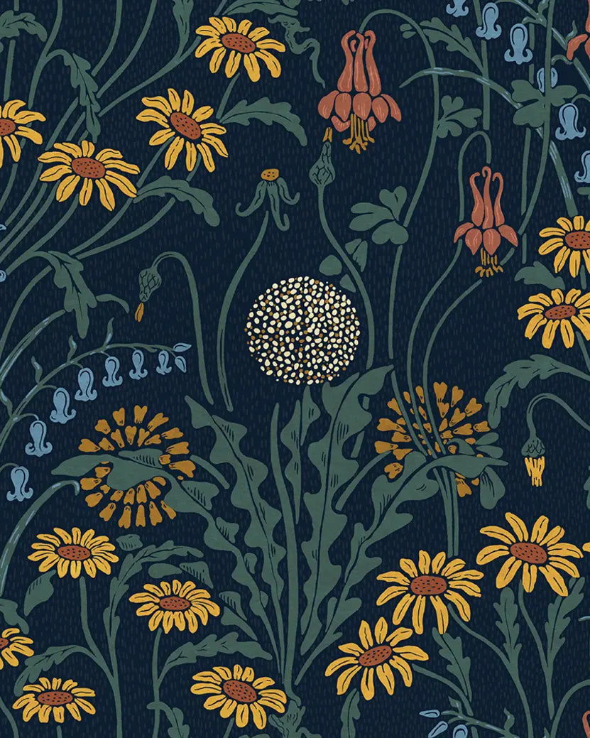 Floral pattern with yellow flowers and green leaves on a dark blue background