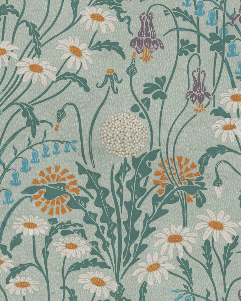 Floral pattern with daisies and other flowers on a green background