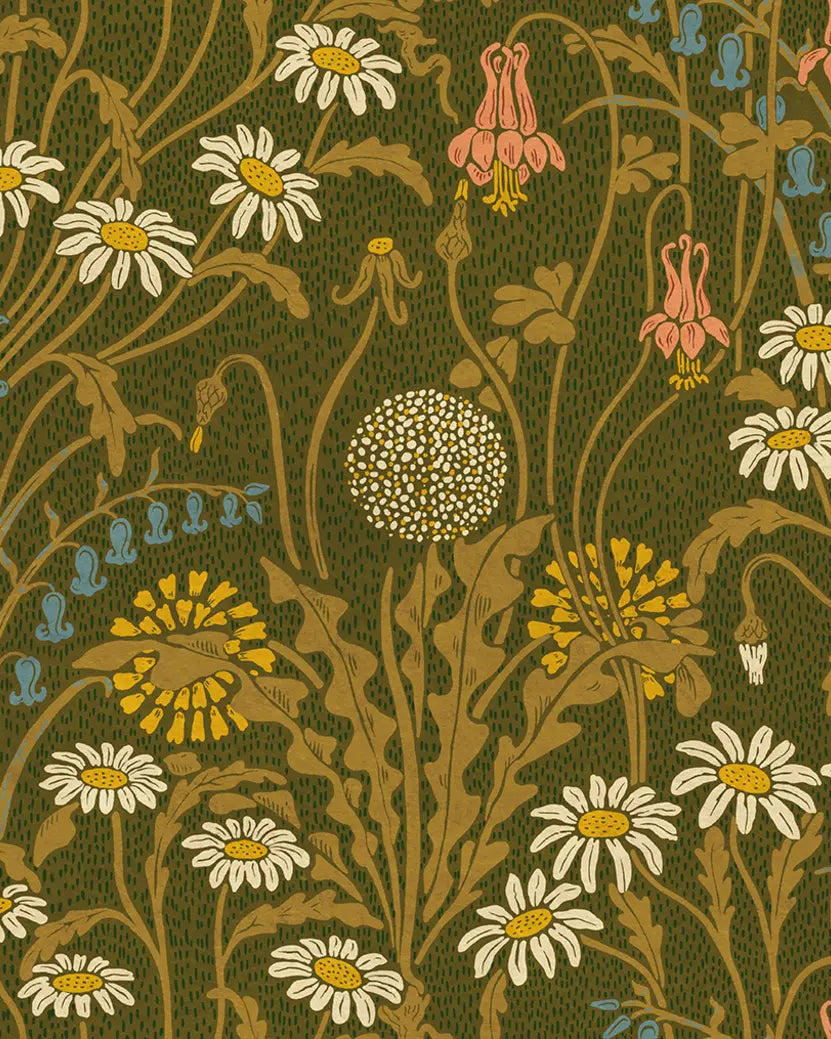 Floral pattern with daisies and other flowers on a green background