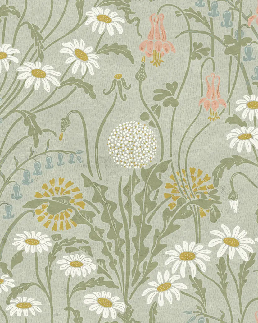 Floral pattern with daisies and other flowers on a light gray background