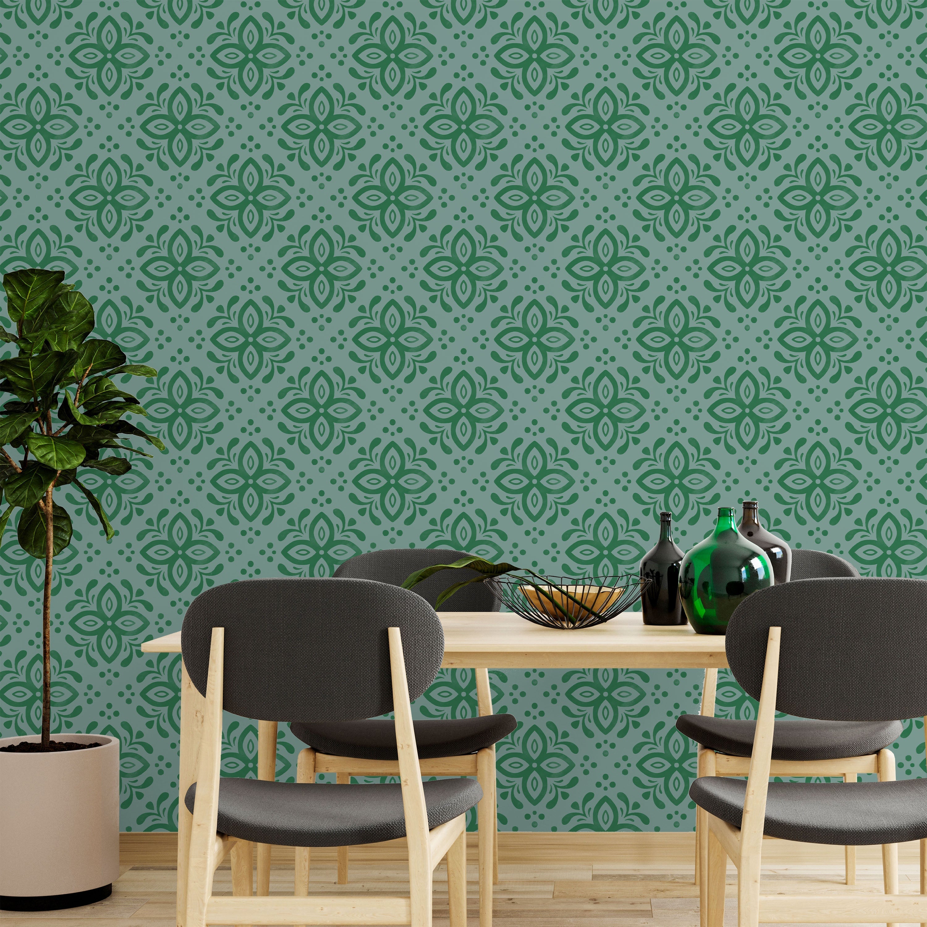 Euforia Mandala Peel and Stick Wallpaper, Removable Wallpaper, Traditional Wallpaper - Forest Green | DeccoPrint