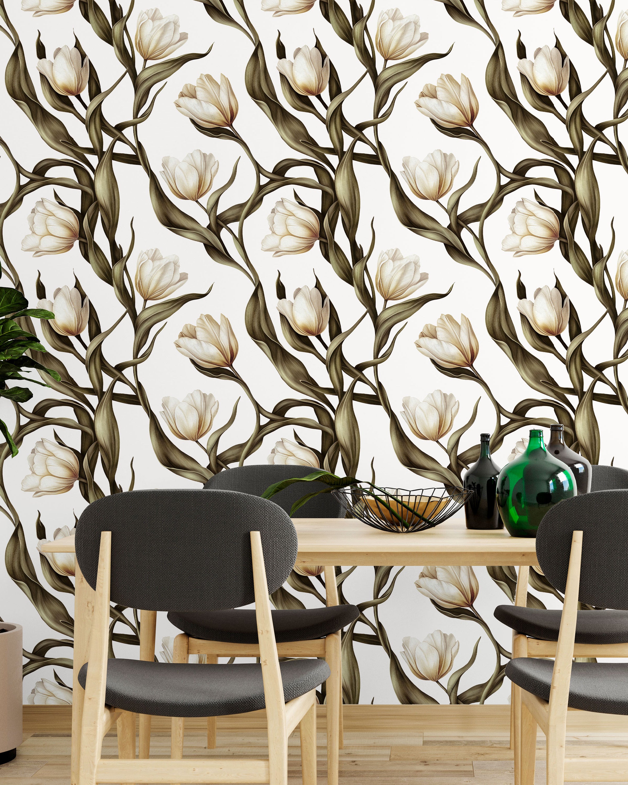 Spring Tulips Peel and Stick Wallpaper, Removable Wallpaper, Traditional Wallpaper - Ivory White | DeccoPrint