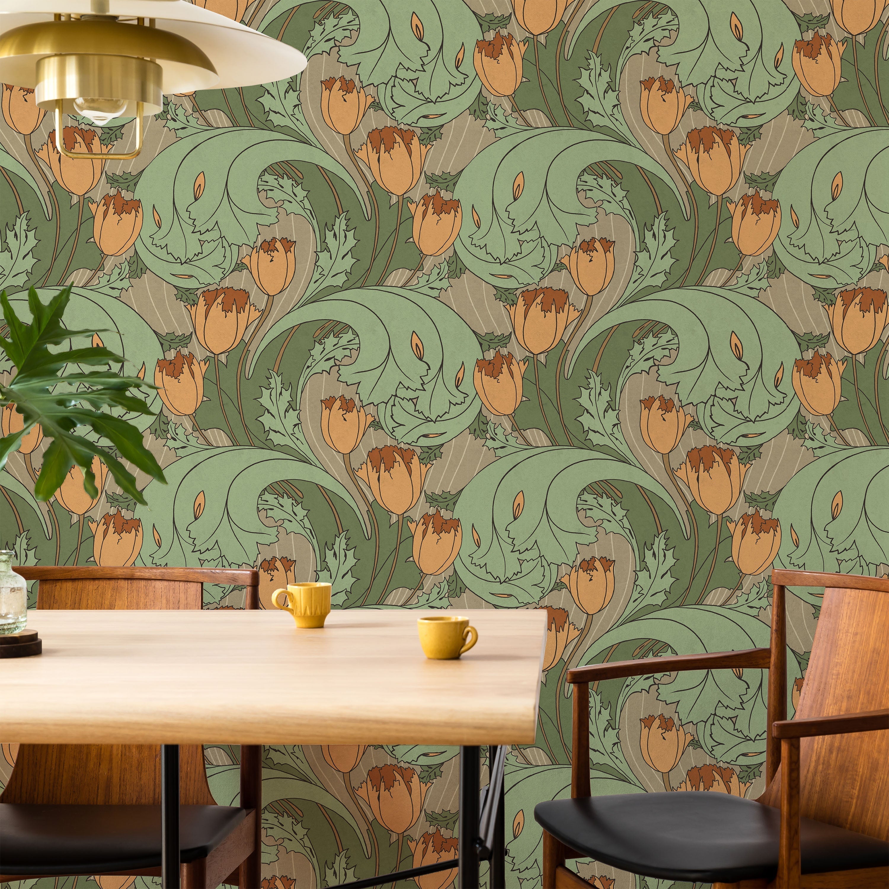 C.F.A. Voysey x Tulips Peel and Stick Wallpaper, Removable Wallpaper, Traditional Wallpaper - Dusty Orange | DeccoPrint