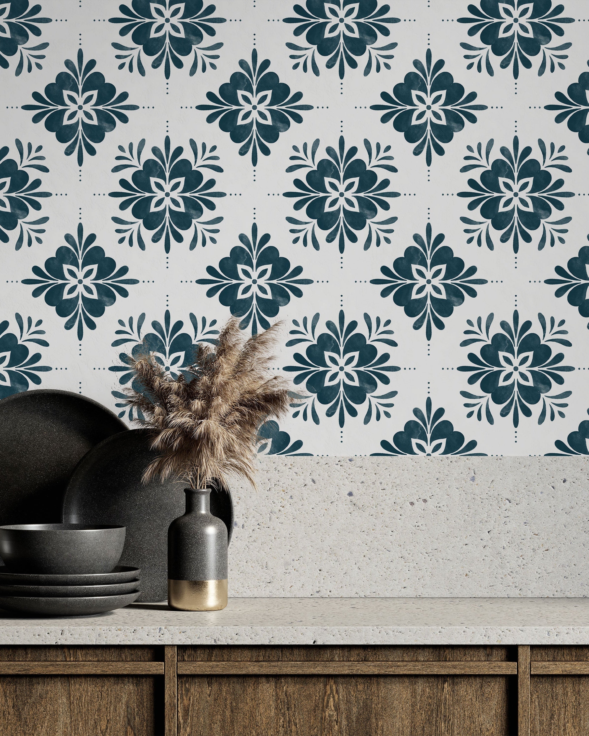 Aria Mandala Peel and Stick Wallpaper, Removable Wallpaper, Traditional Wallpaper - Blue | DeccoPrint