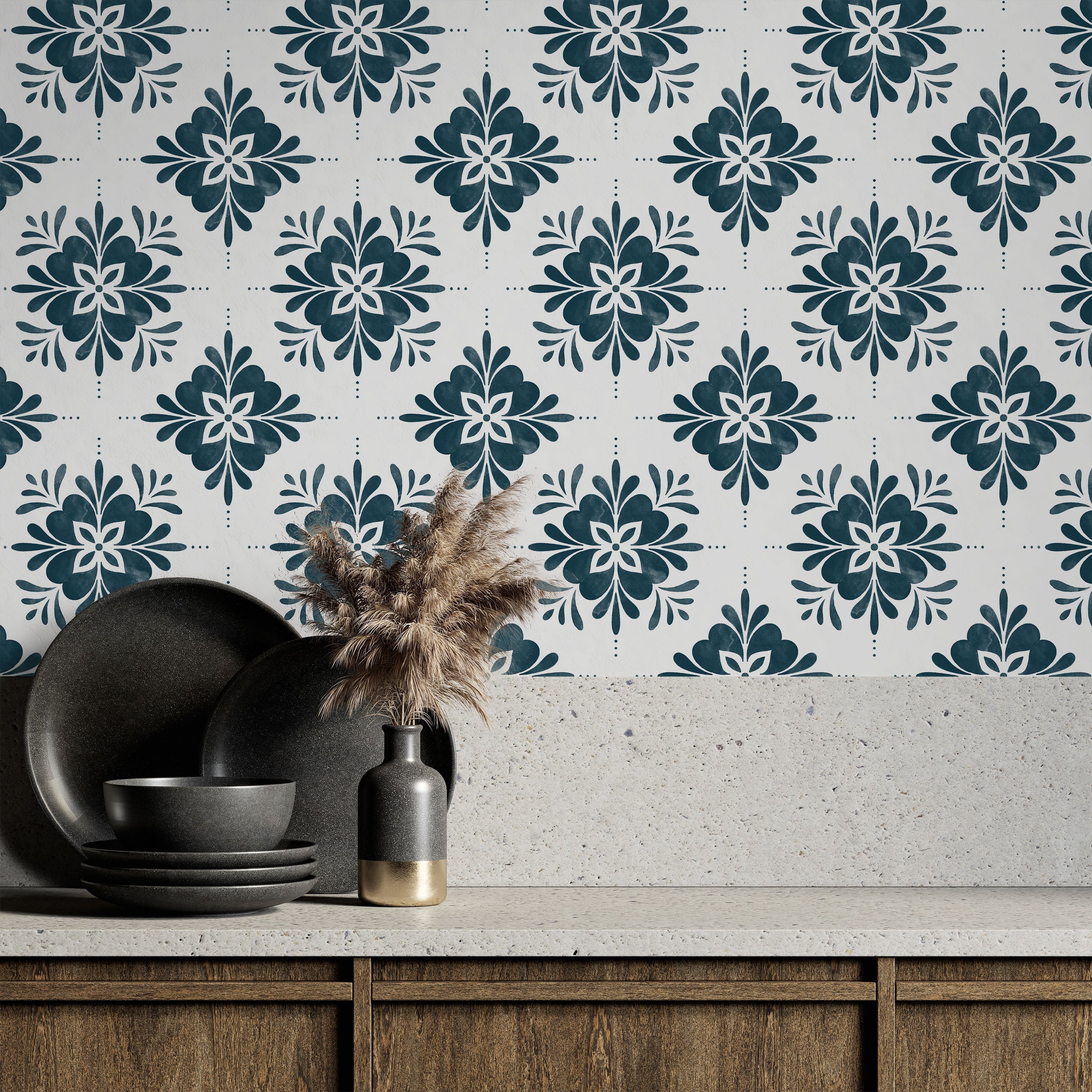 Aria Mandala Peel and Stick Wallpaper, Removable Wallpaper, Traditional Wallpaper - Blue | DeccoPrint