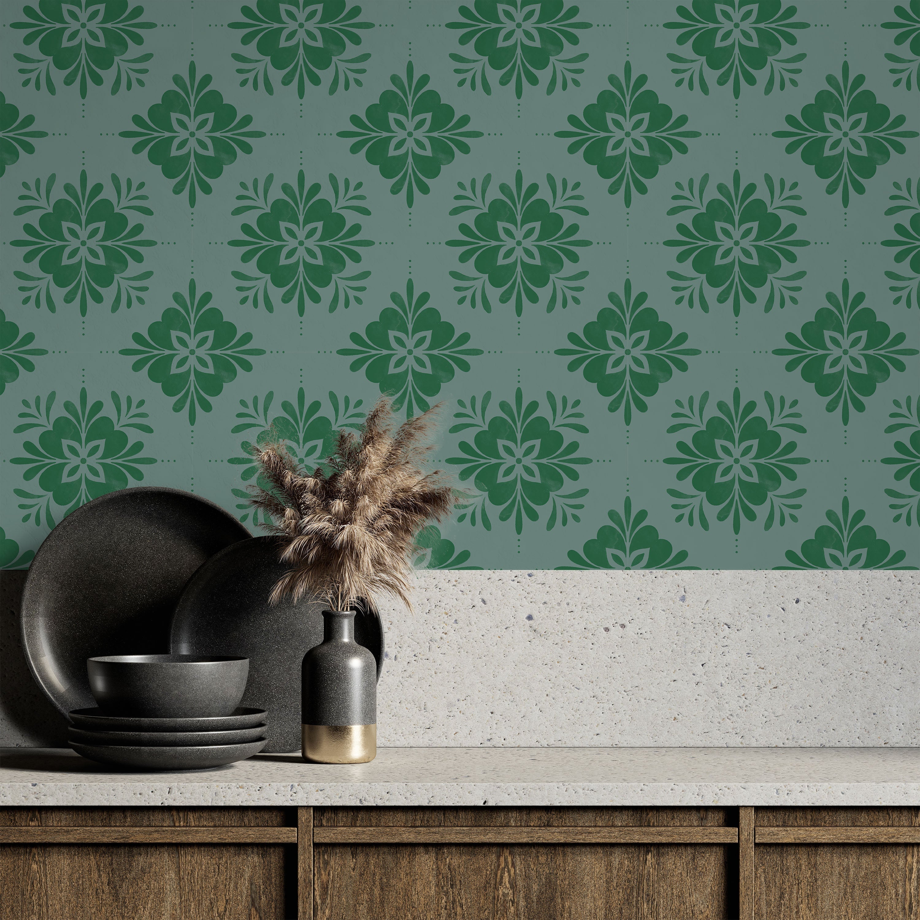 Aria Mandala Peel and Stick Wallpaper, Removable Wallpaper, Traditional Wallpaper - Forest Green | DeccoPrint