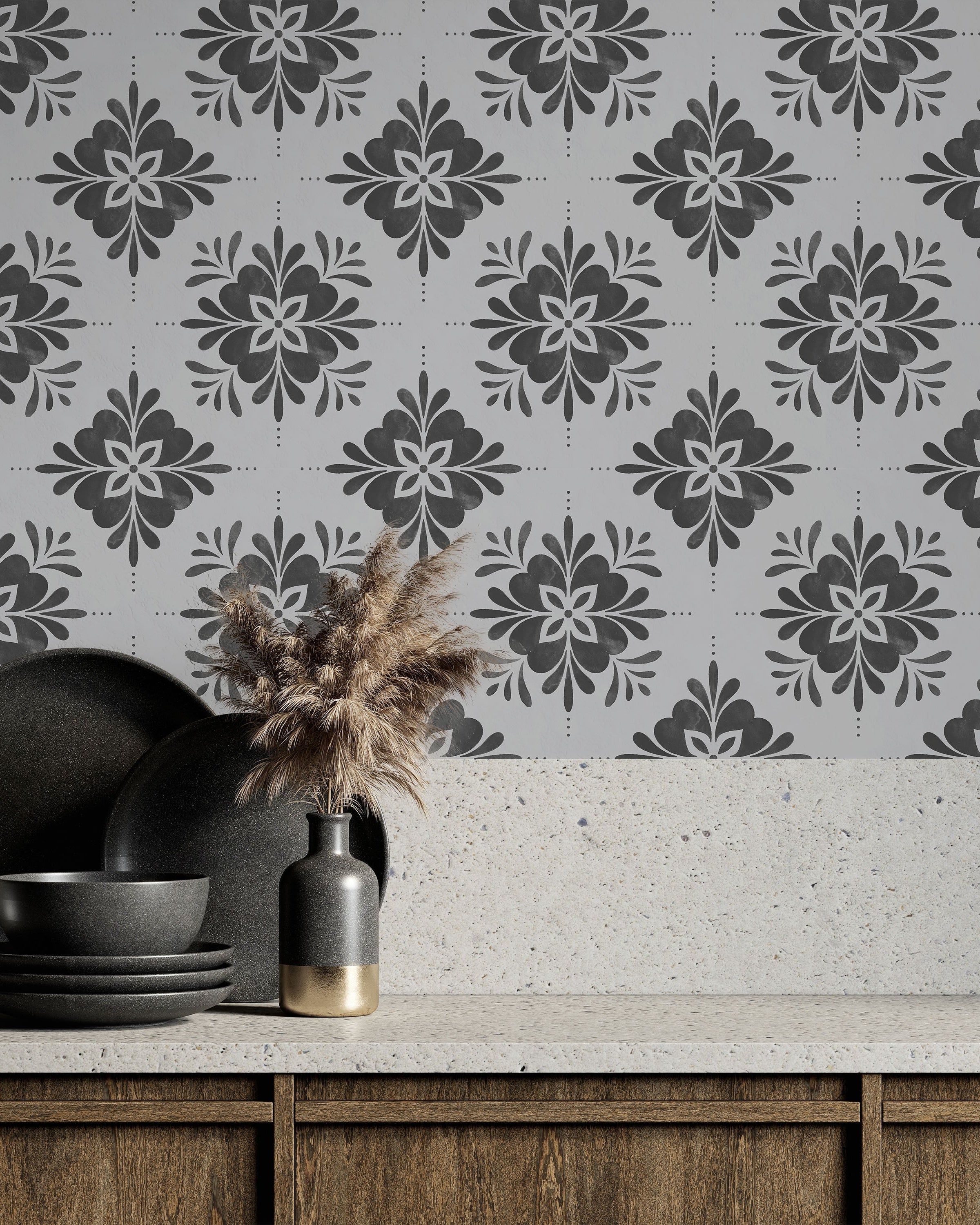 Aria Mandala Peel and Stick Wallpaper, Removable Wallpaper, Traditional Wallpaper - Gray | DeccoPrint