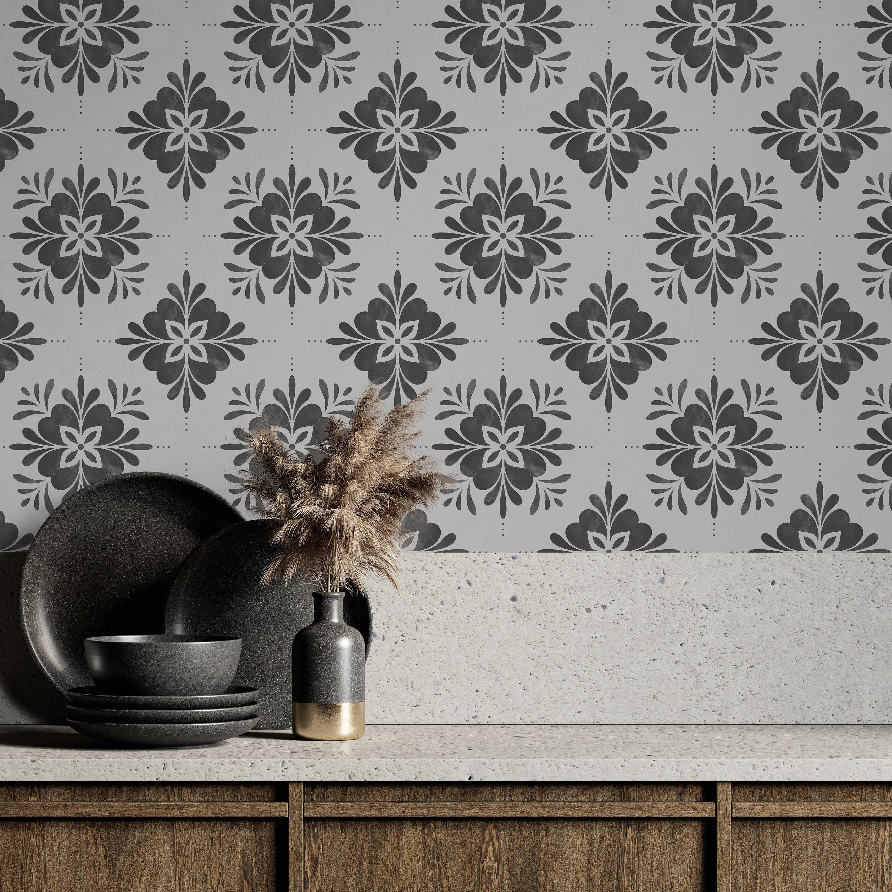 Aria Mandala Peel and Stick Wallpaper, Removable Wallpaper, Traditional Wallpaper - Gray | DeccoPrint