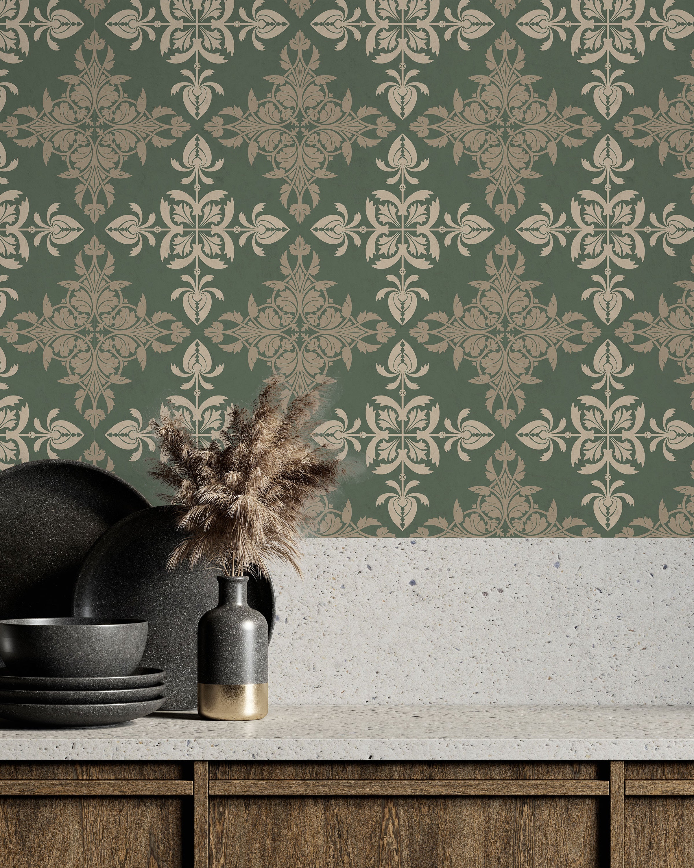 Christopher Dresser x Decorative Symmetry Peel and Stick Wallpaper, Removable Wallpaper, Traditional Wallpaper - Dusty Green | DeccoPrint