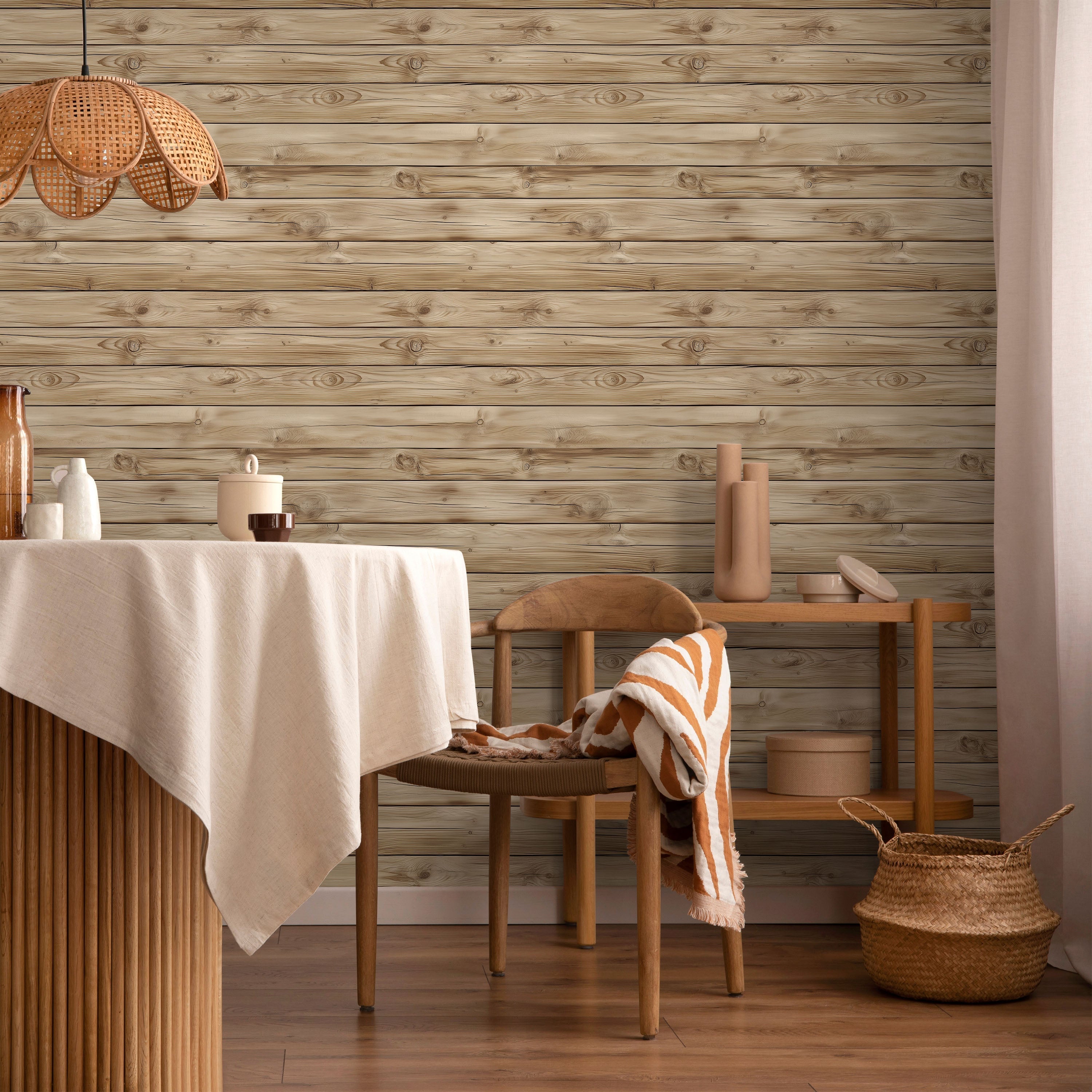 Rustic Boards Peel and Stick Wallpaper, Removable Wallpaper, Traditional Wallpaper - Light Oak | DeccoPrint