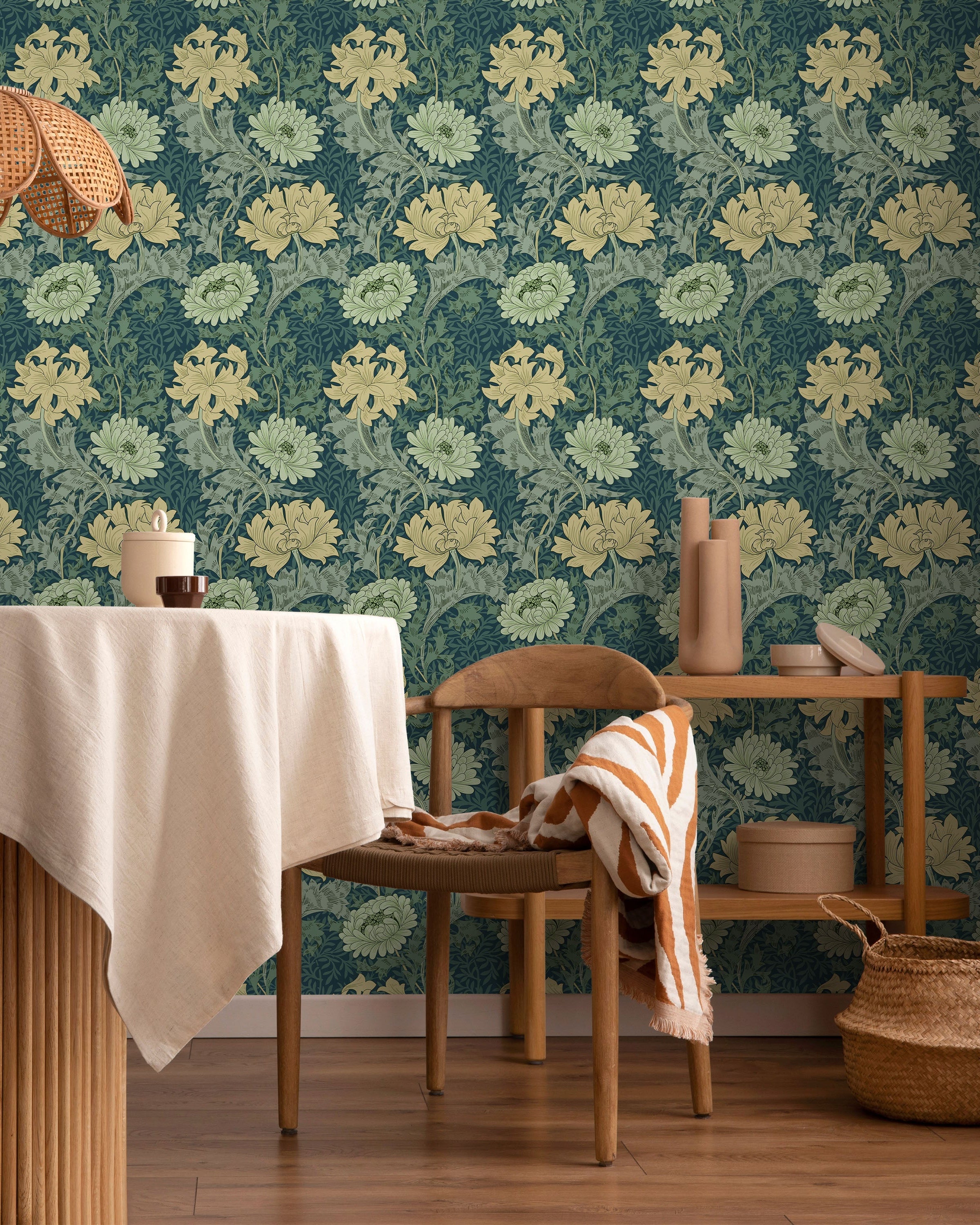William Morris X Chrysanthemum Peel and Stick Wallpaper, Removable Wallpaper, Traditional Wallpaper - Green | DeccoPrint