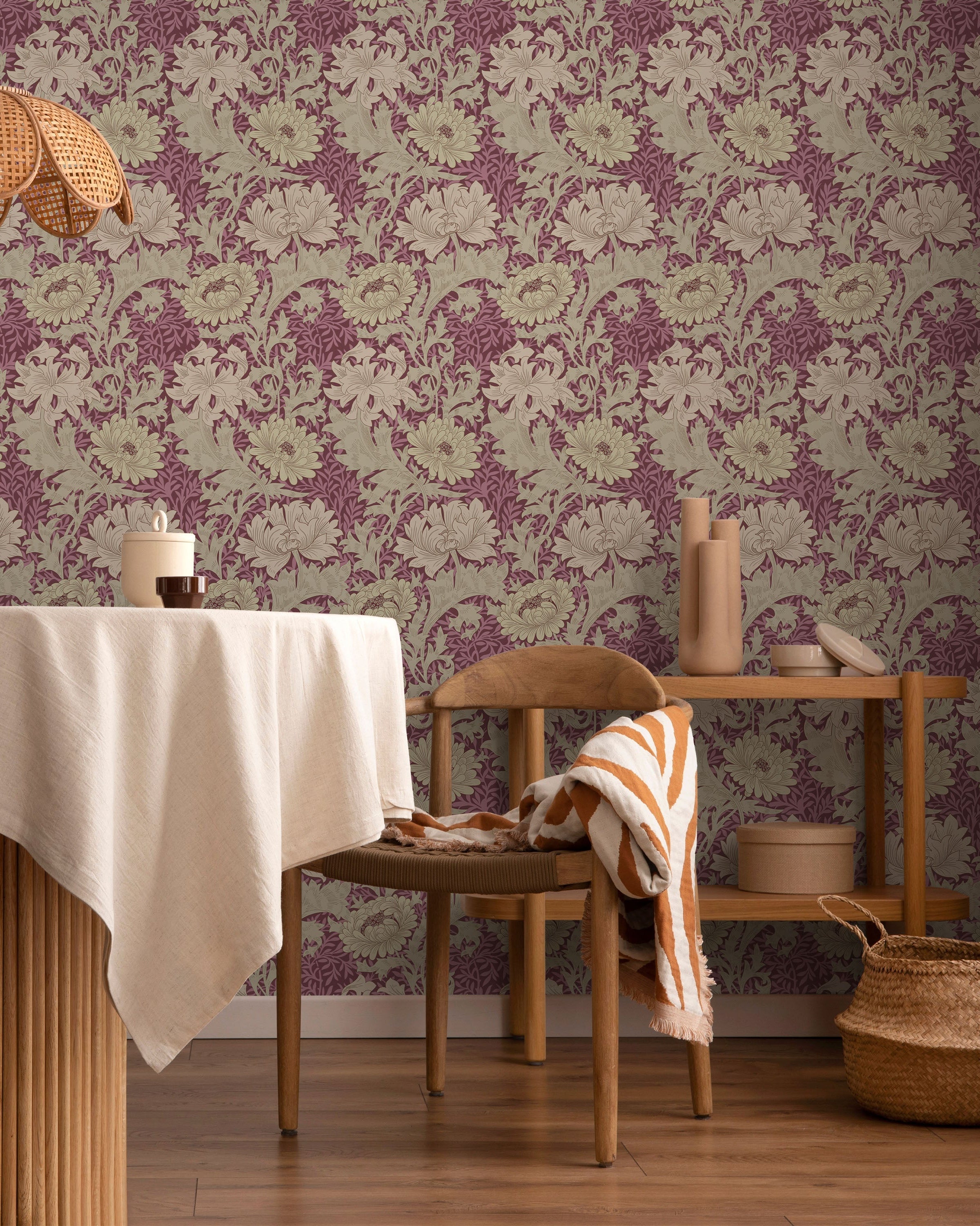William Morris X Chrysanthemum Peel and Stick Wallpaper, Removable Wallpaper, Traditional Wallpaper - Wine | DeccoPrint