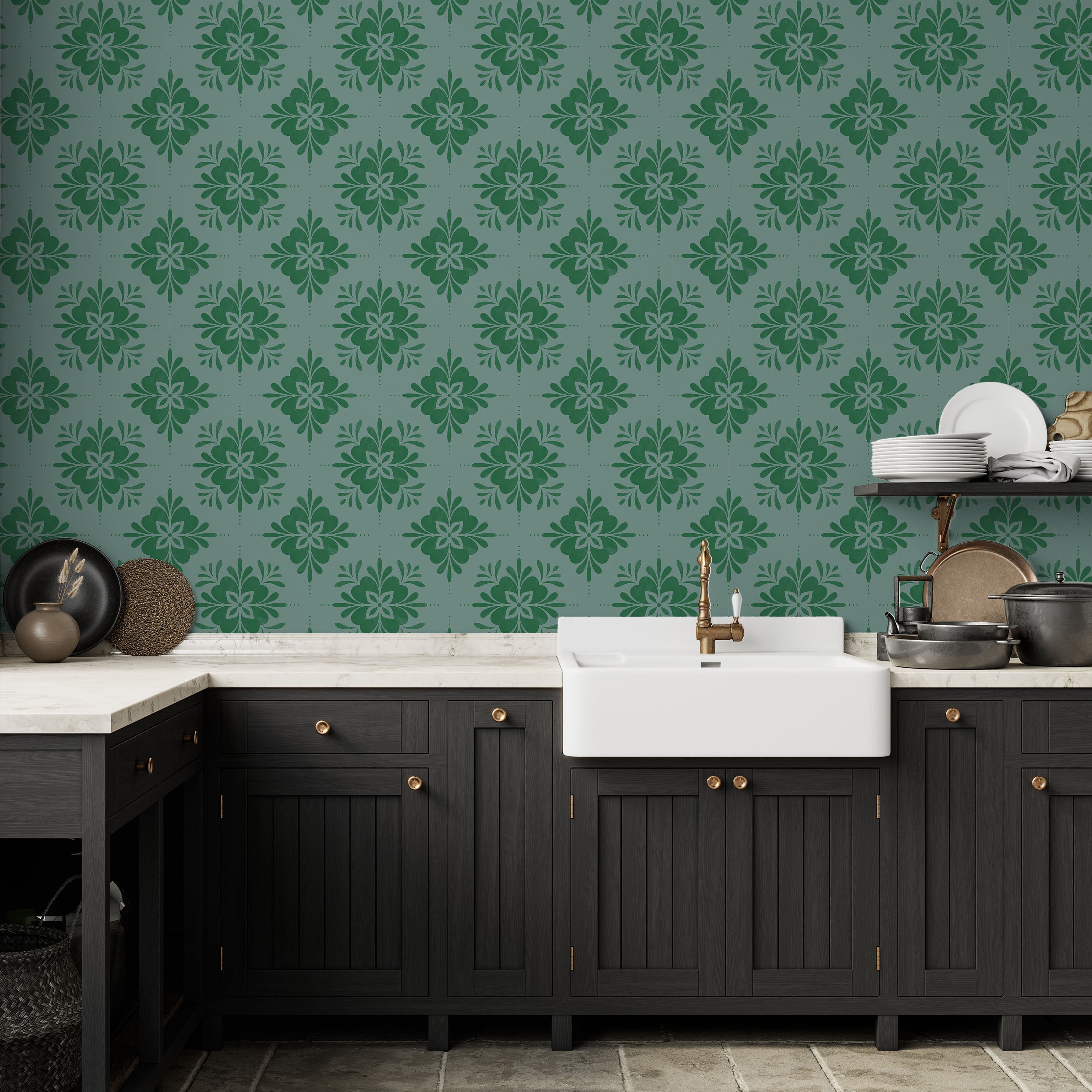 Aria Mandala Peel and Stick Wallpaper, Removable Wallpaper, Traditional Wallpaper - Forest Green | DeccoPrint