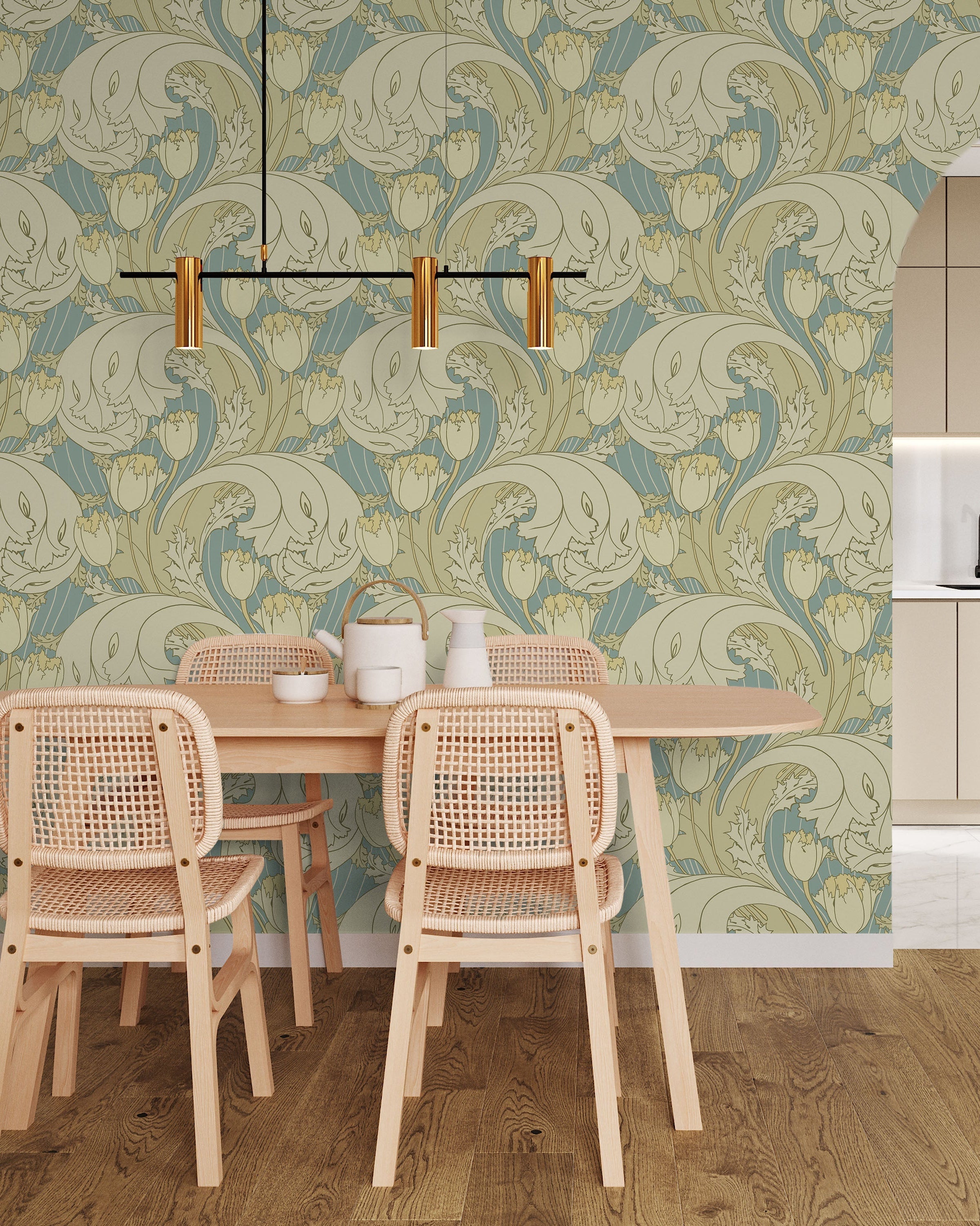 C.F.A. Voysey x Tulips Peel and Stick Wallpaper, Removable Wallpaper, Traditional Wallpaper - Faded Blue | DeccoPrint