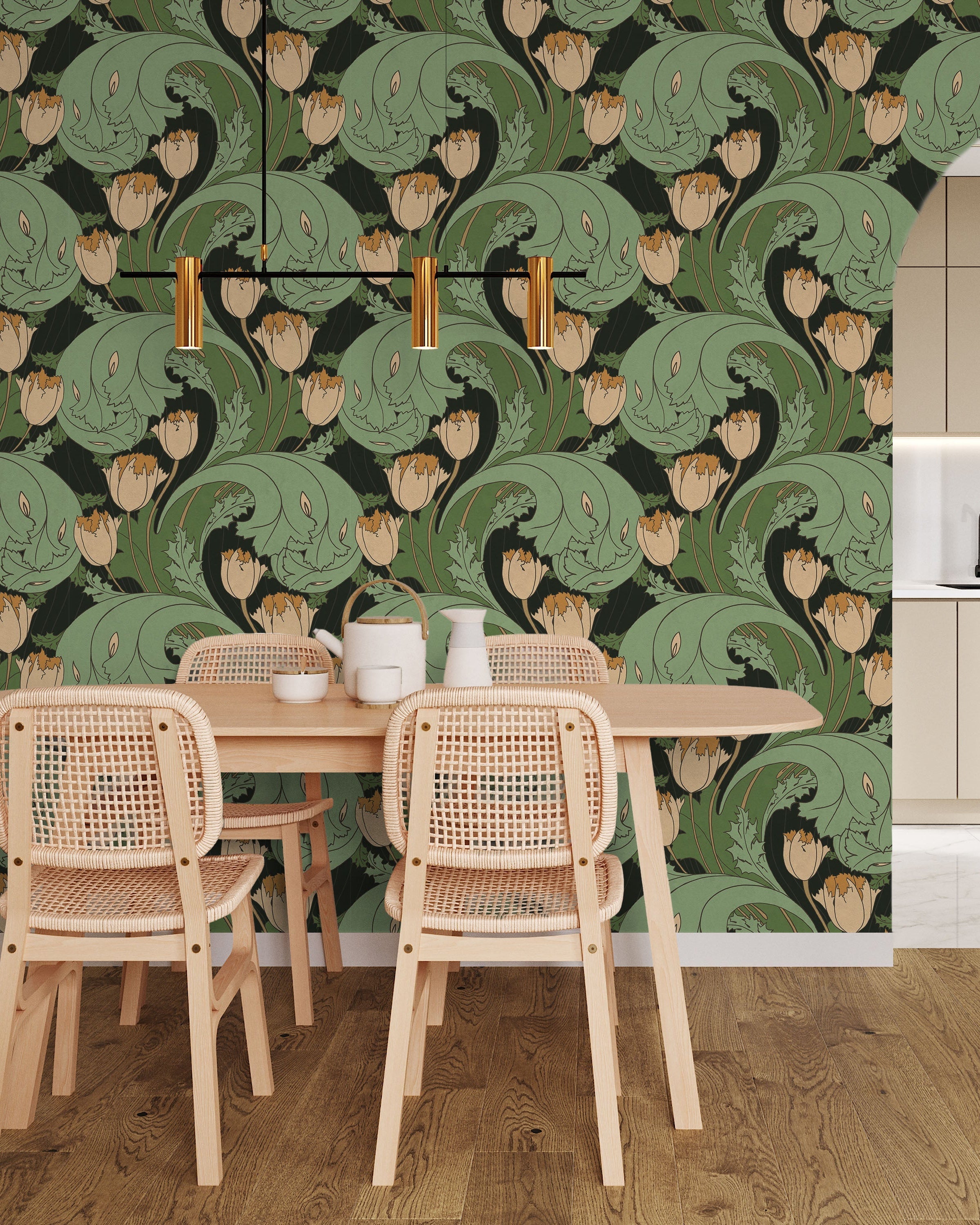 C.F.A. Voysey x Tulips Peel and Stick Wallpaper, Removable Wallpaper, Traditional Wallpaper - Forest Green | DeccoPrint