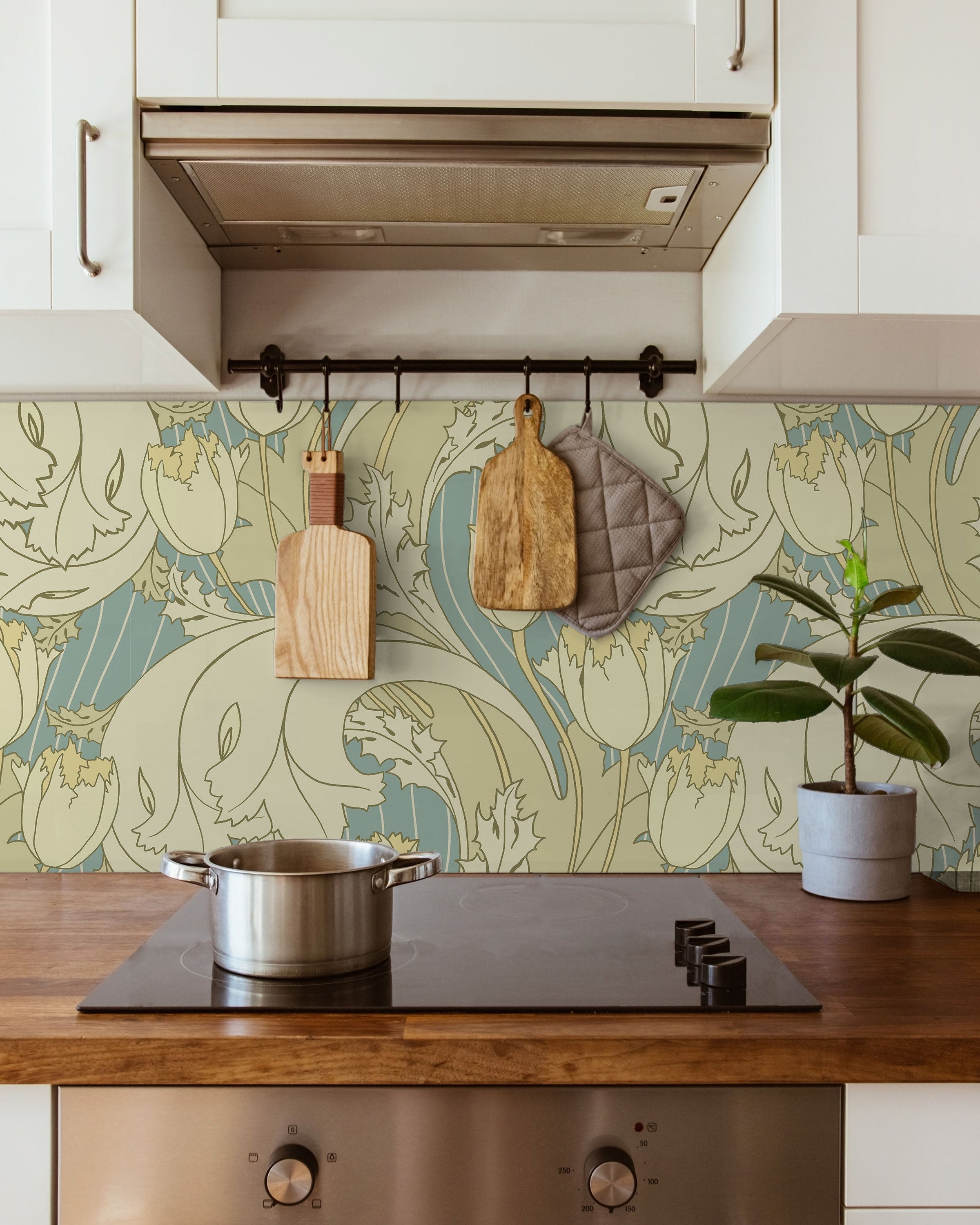 C.F.A. Voysey x Tulips Peel and Stick Wallpaper, Removable Wallpaper, Traditional Wallpaper - Faded Blue | DeccoPrint