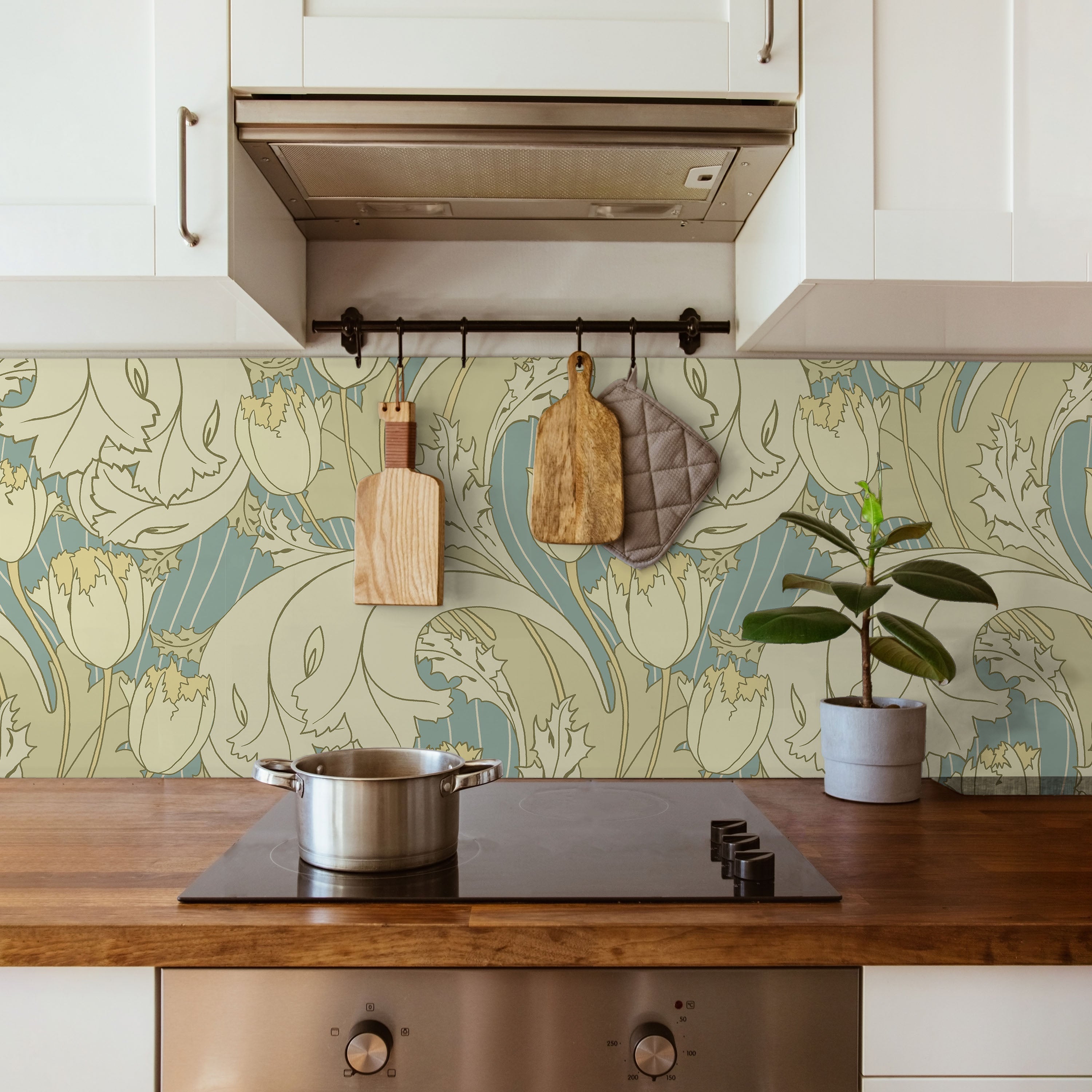 C.F.A. Voysey x Tulips Peel and Stick Wallpaper, Removable Wallpaper, Traditional Wallpaper - Faded Blue | DeccoPrint