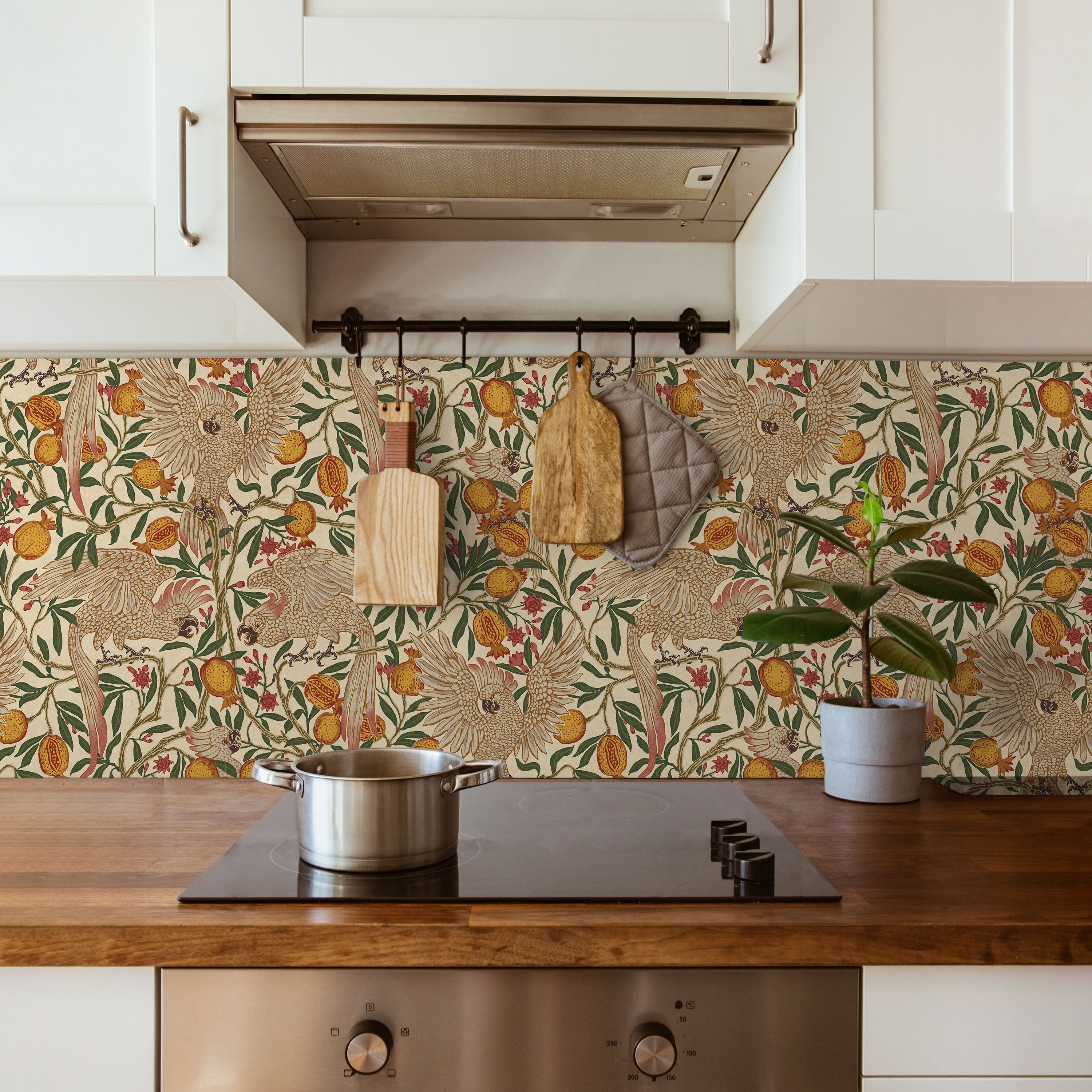 Walter Crane x Cockatoo and Pomegranate Peel and Stick Wallpaper, Removable Wallpaper, Traditional Wallpaper - Soft Beige | DeccoPrint