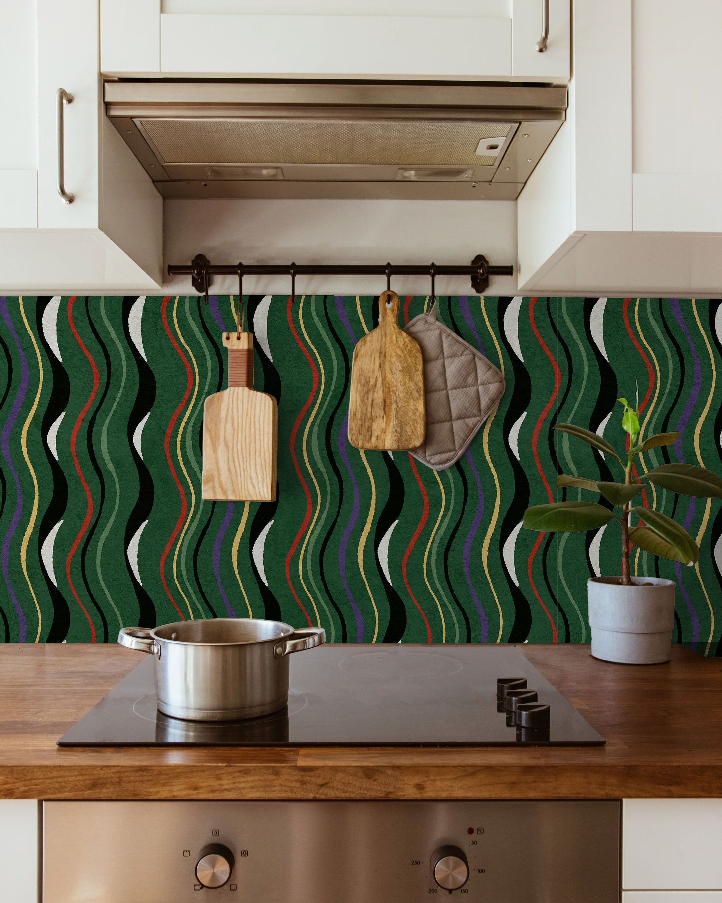 Furuya Korin x Korin Waves Peel and Stick Wallpaper, Removable Wallpaper, Traditional Wallpaper - Deep Green | DeccoPrint