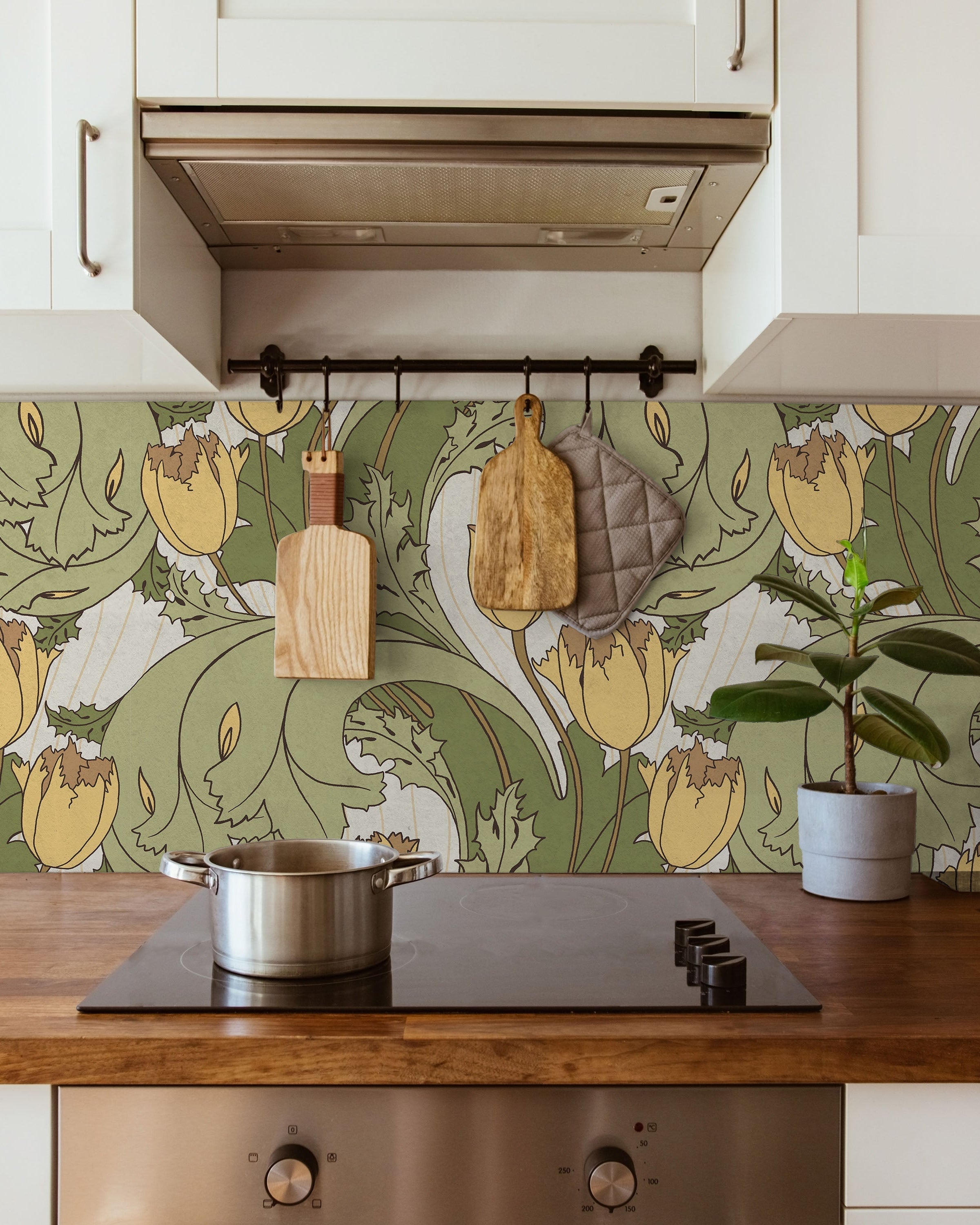 C.F.A. Voysey x Tulips Peel and Stick Wallpaper, Removable Wallpaper, Traditional Wallpaper - Vintage Yellow | DeccoPrint