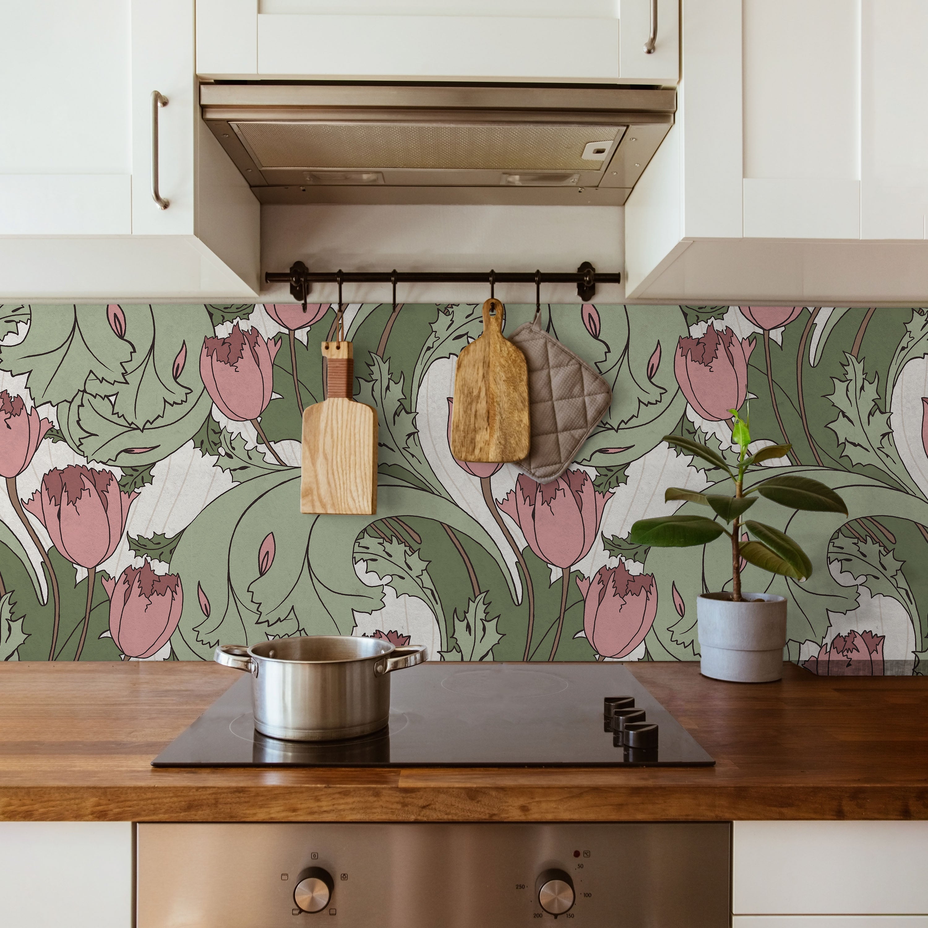 C.F.A. Voysey x Tulips Peel and Stick Wallpaper, Removable Wallpaper, Traditional Wallpaper - Cranberry Pink | DeccoPrint