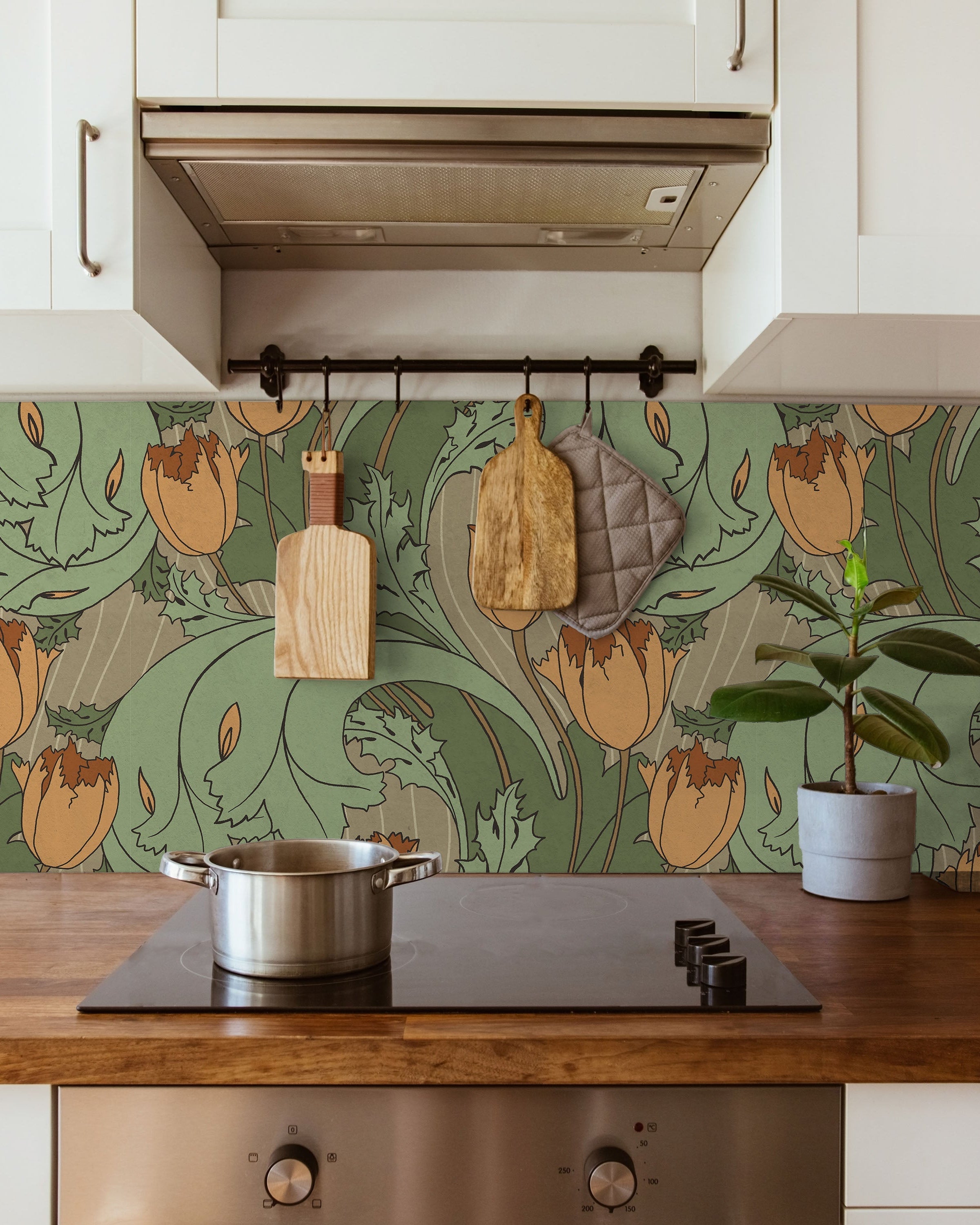 C.F.A. Voysey x Tulips Peel and Stick Wallpaper, Removable Wallpaper, Traditional Wallpaper - Dusty Orange | DeccoPrint