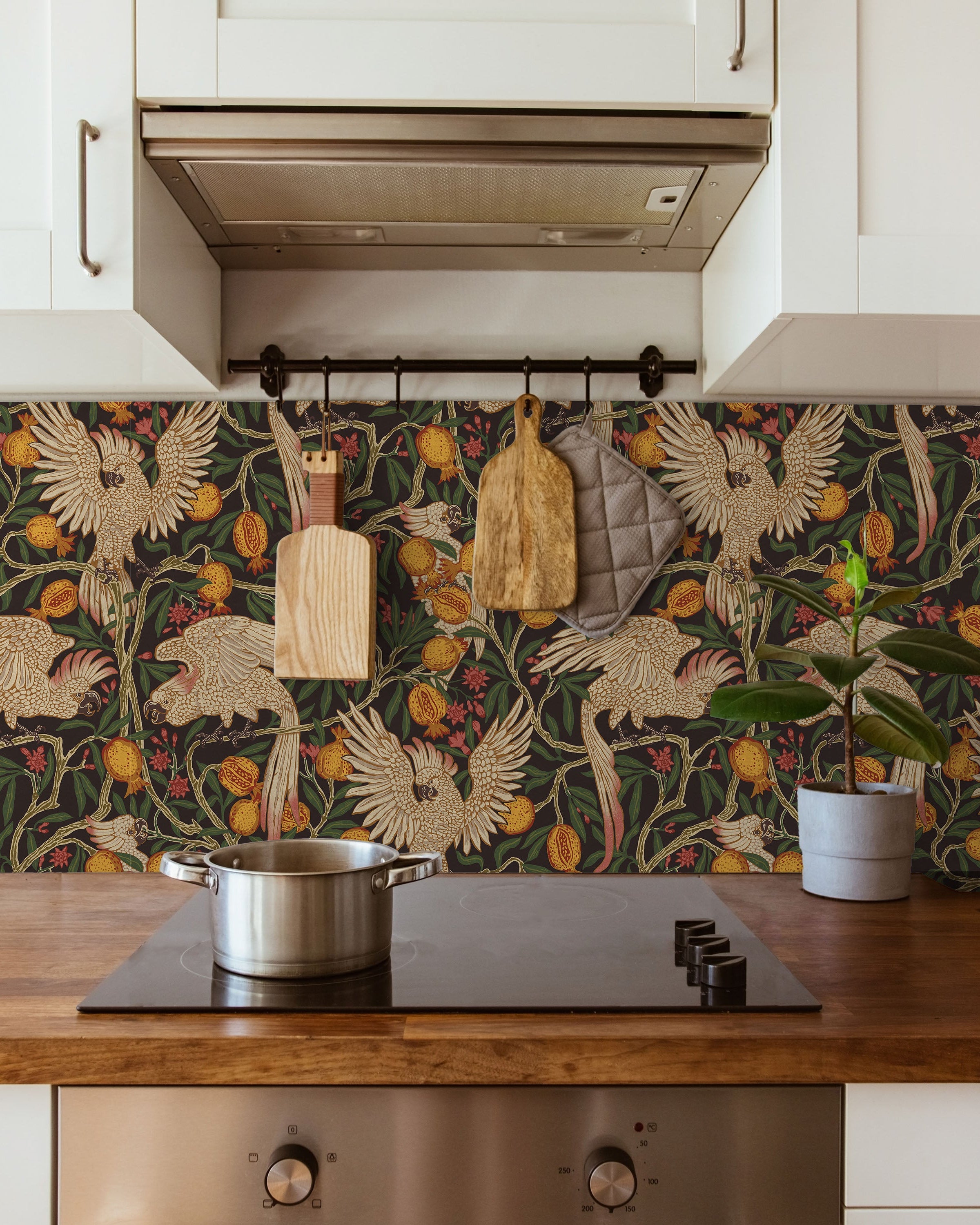Walter Crane x Cockatoo and Pomegranate Peel and Stick Wallpaper, Removable Wallpaper, Traditional Wallpaper - Vintage Black | DeccoPrint