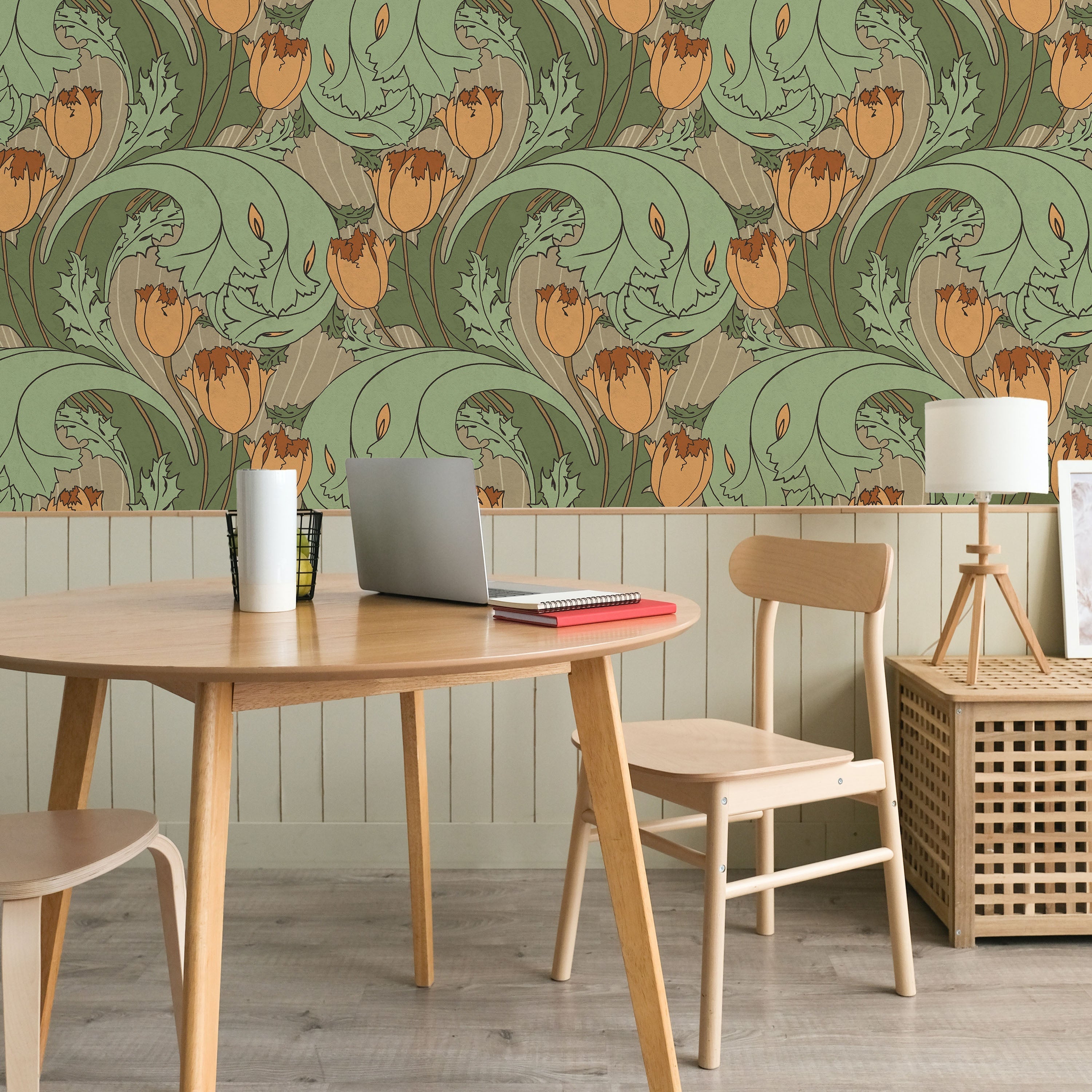 C.F.A. Voysey x Tulips Peel and Stick Wallpaper, Removable Wallpaper, Traditional Wallpaper - Dusty Orange | DeccoPrint