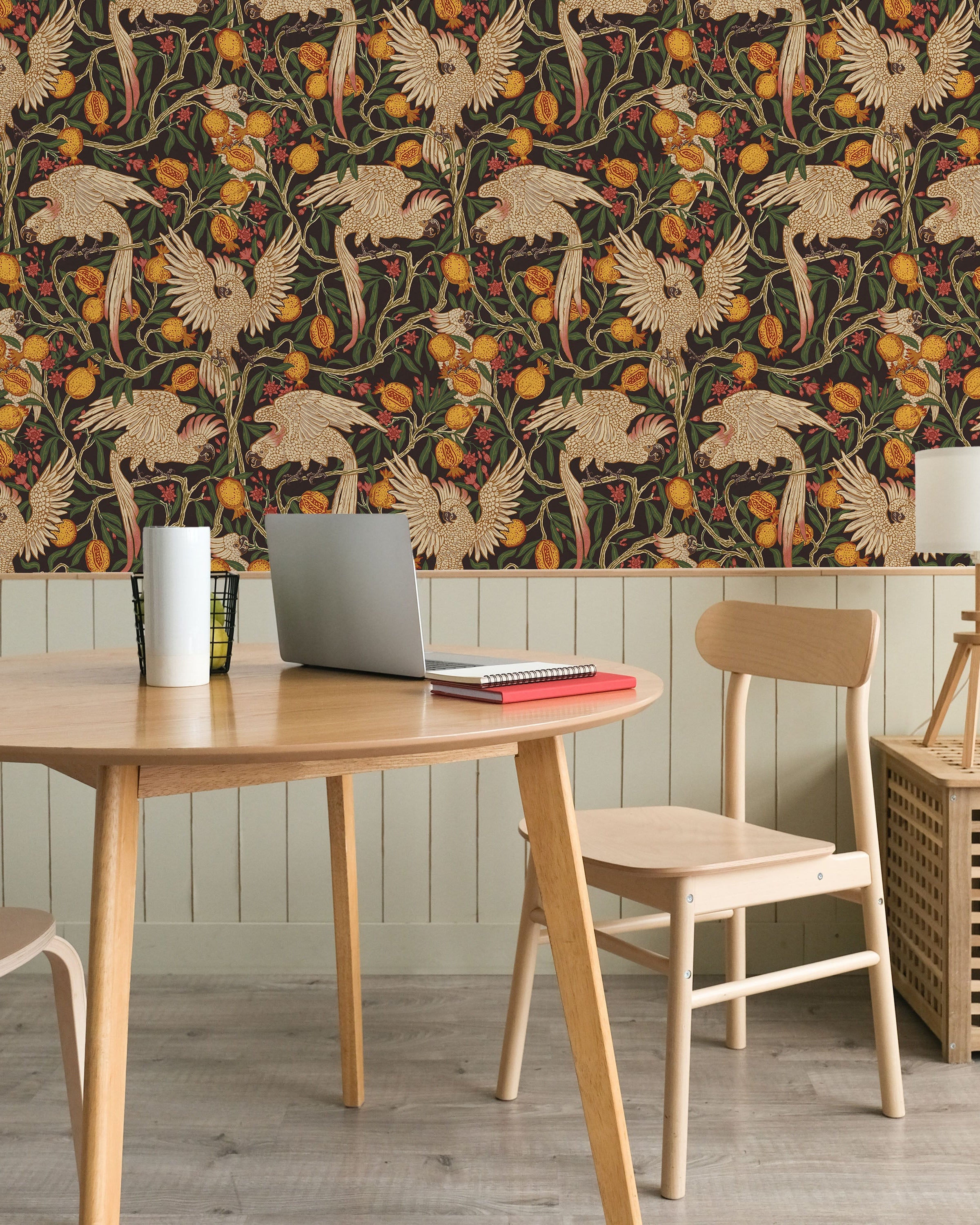 Walter Crane x Cockatoo and Pomegranate Peel and Stick Wallpaper, Removable Wallpaper, Traditional Wallpaper - Vintage Black | DeccoPrint