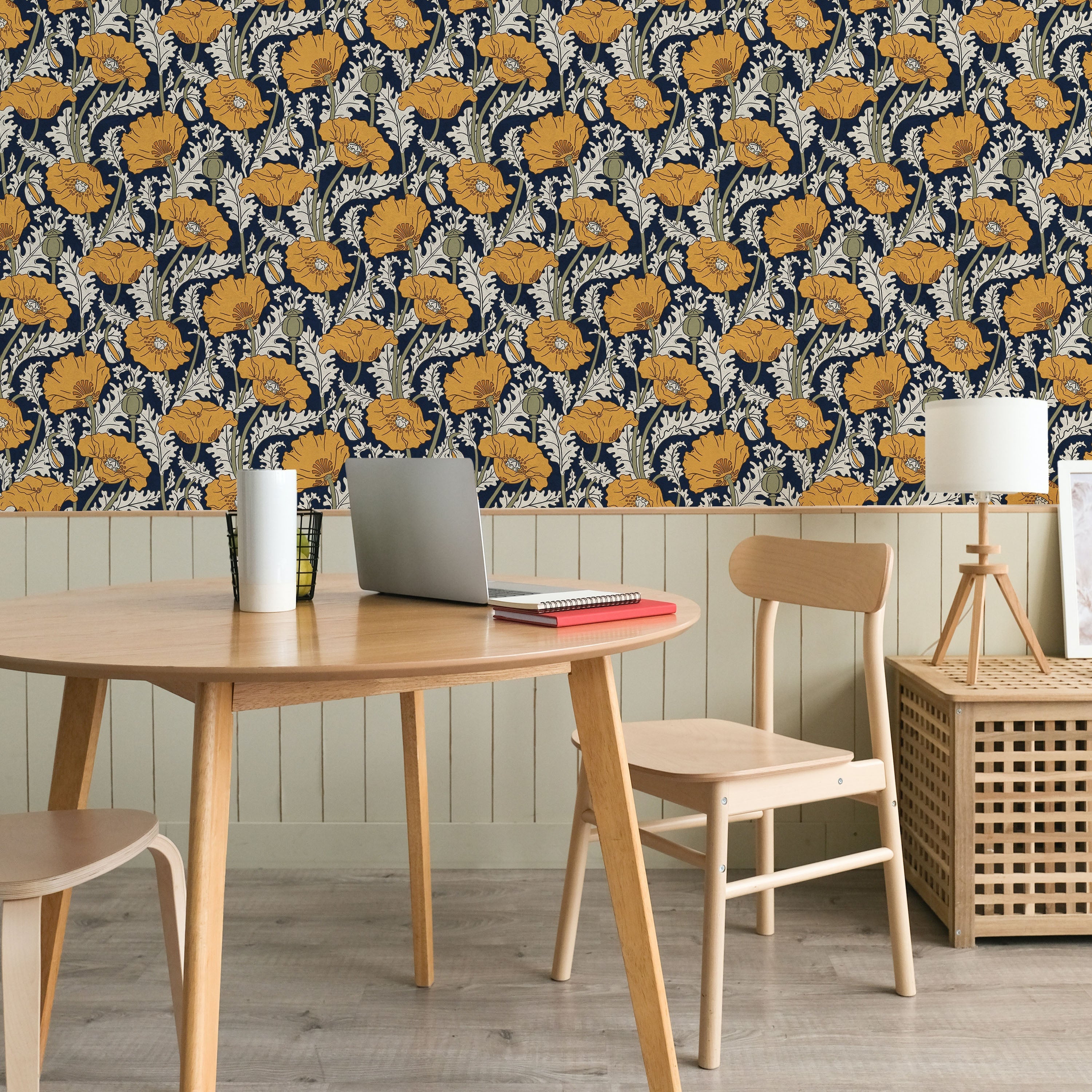 Maurice Pillard Verneuil x Poppy Peel and Stick Wallpaper, Removable Wallpaper, Traditional Wallpaper - Navy Blue | DeccoPrint