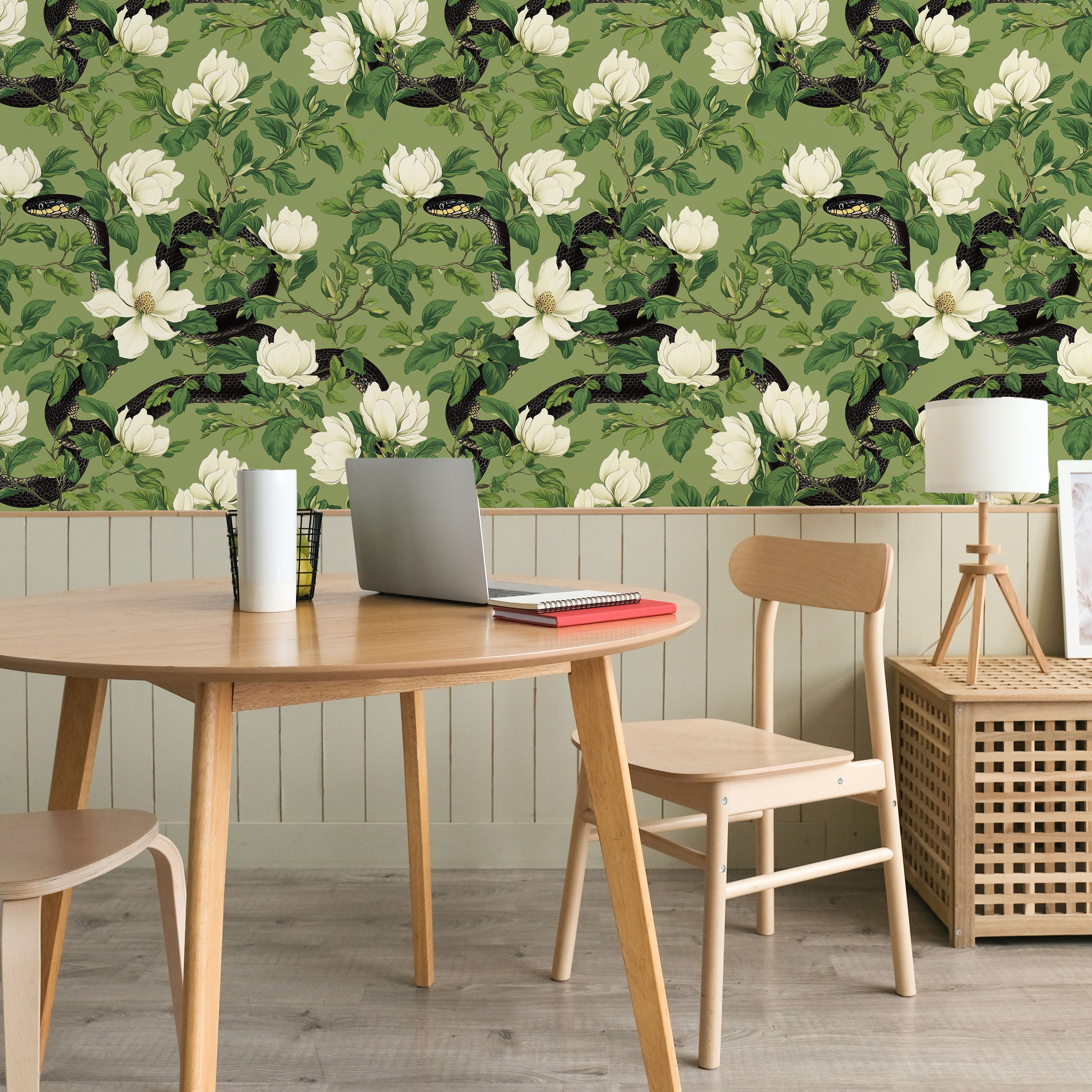 Snakes in Foliage Peel and Stick Wallpaper, Removable Wallpaper, Traditional Wallpaper - Sage Green | DeccoPrint