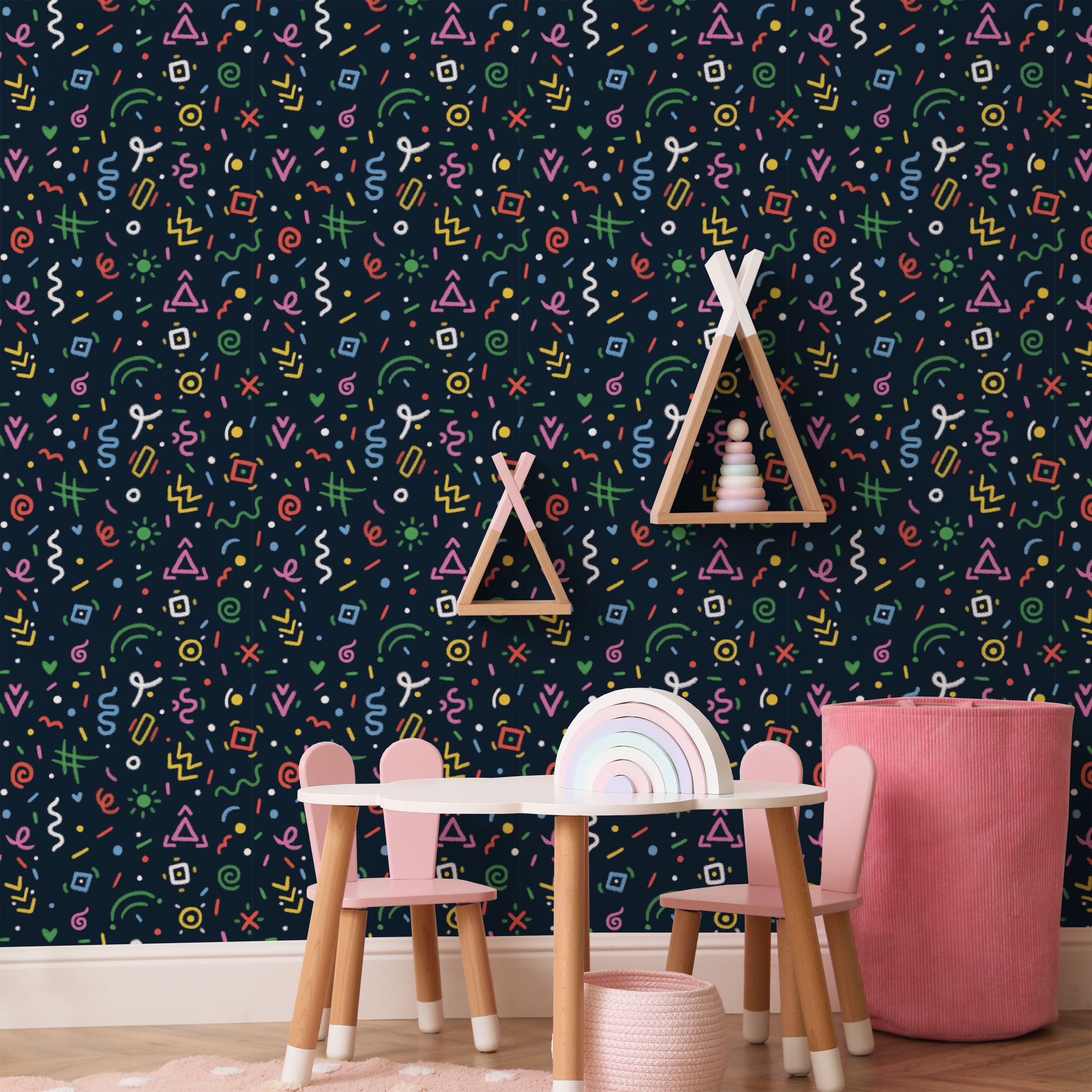 Chalk Doodles Peel and Stick Wallpaper, Removable Wallpaper, Traditional Wallpaper - Navy Blue | DeccoPrint