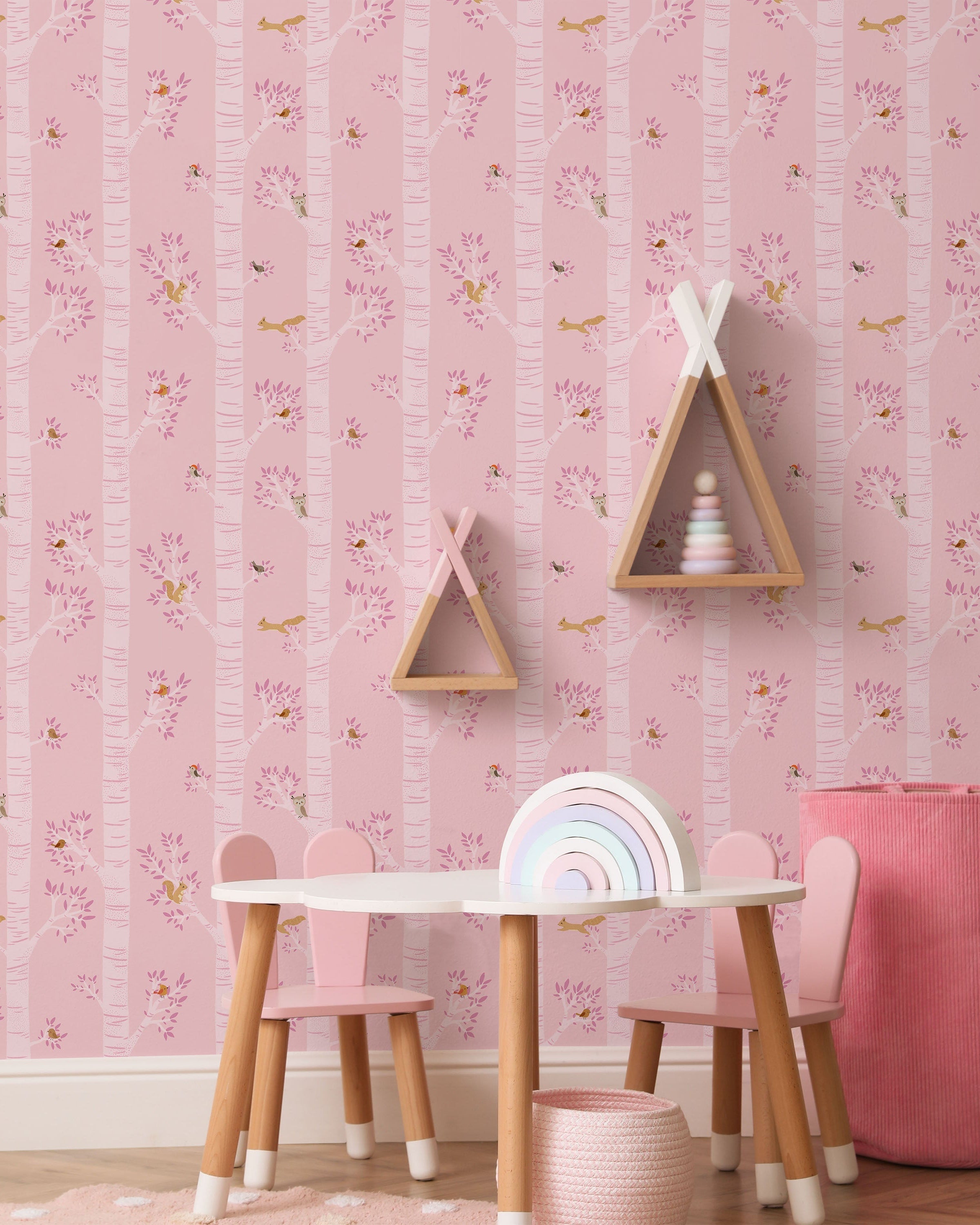 Treetop Tales Peel and Stick Wallpaper, Removable Wallpaper, Traditional Wallpaper - Bubblegum Pink | DeccoPrint
