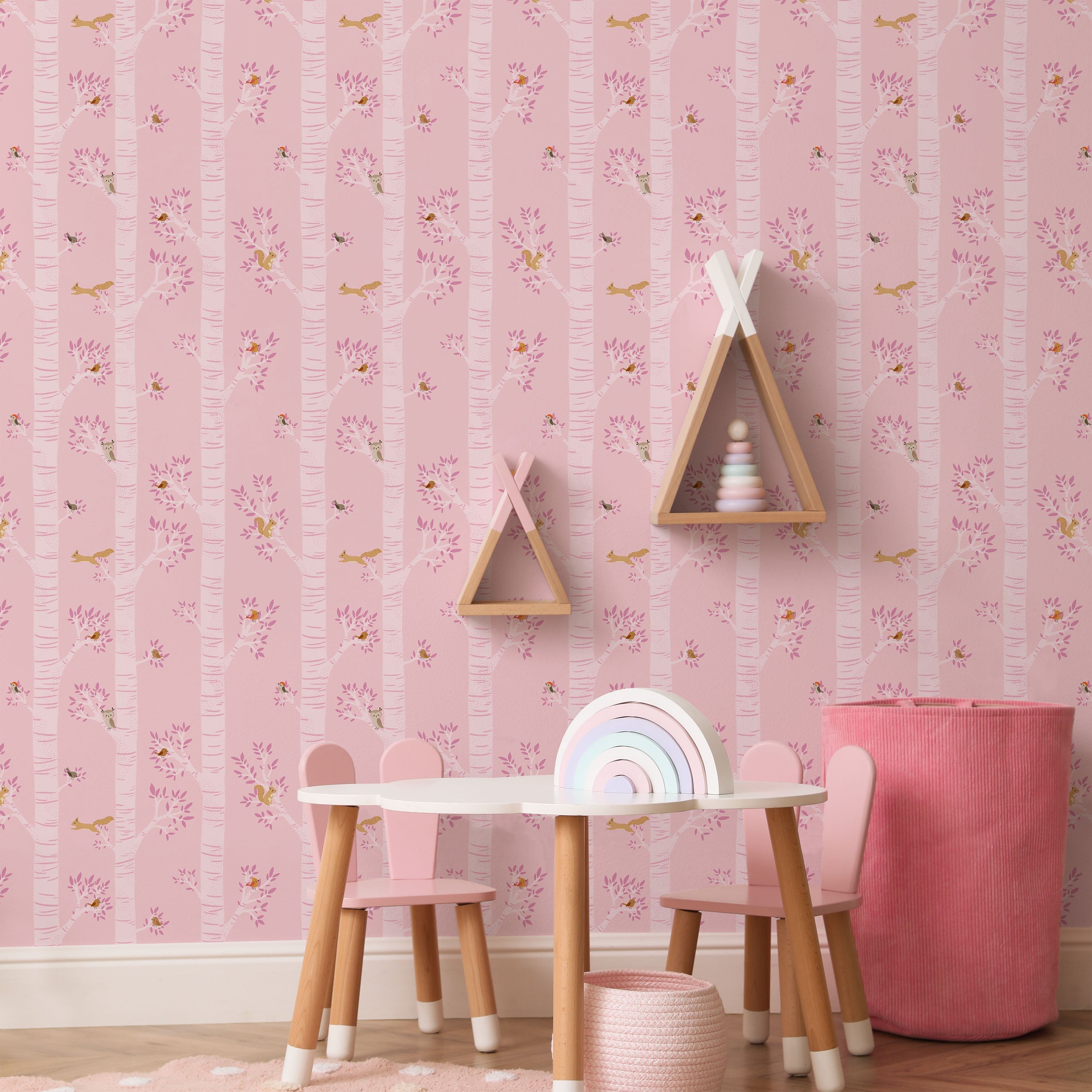 Treetop Tales Peel and Stick Wallpaper, Removable Wallpaper, Traditional Wallpaper - Bubblegum Pink | DeccoPrint