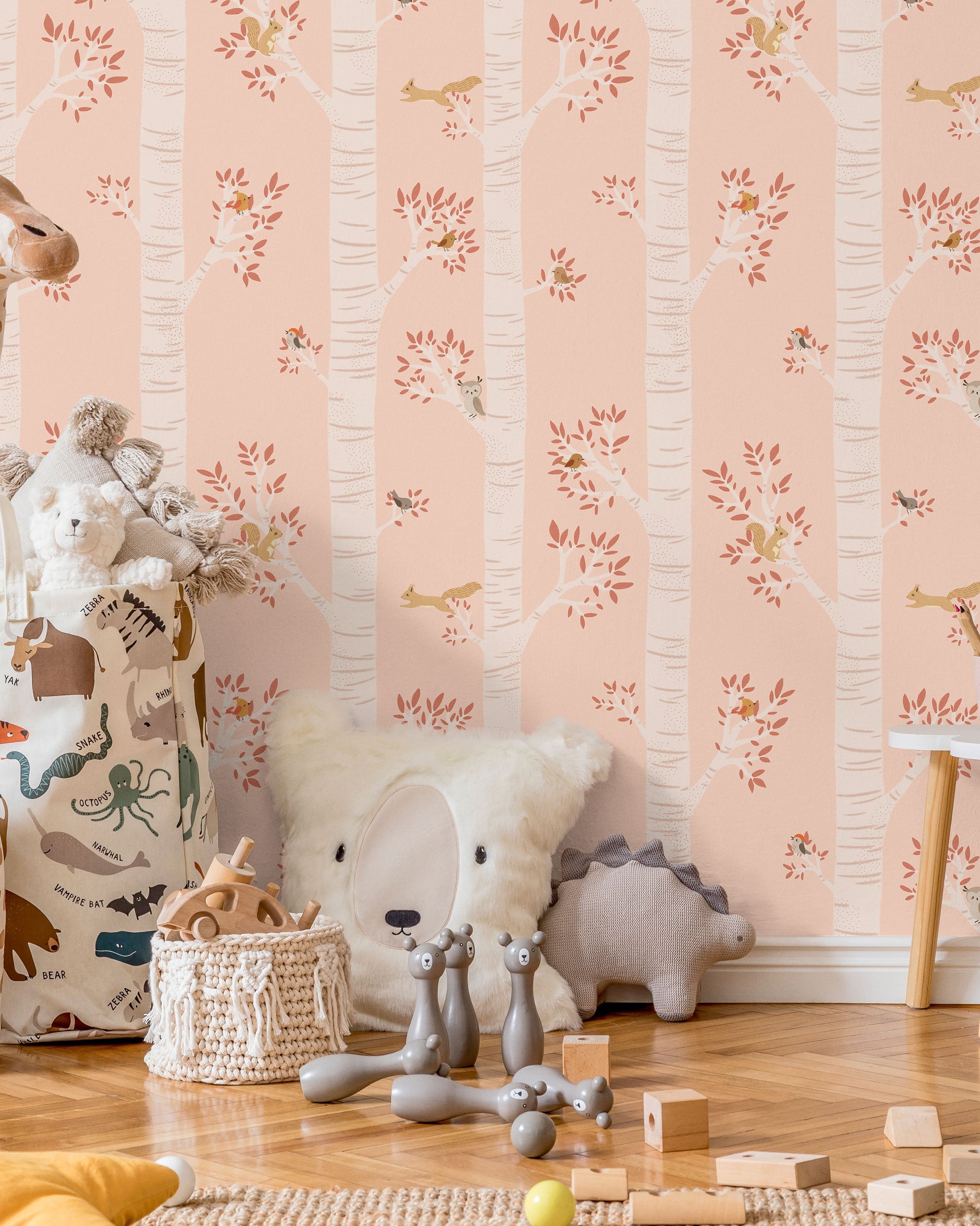 Treetop Tales Peel and Stick Wallpaper, Removable Wallpaper, Traditional Wallpaper - Peachy Blush | DeccoPrint