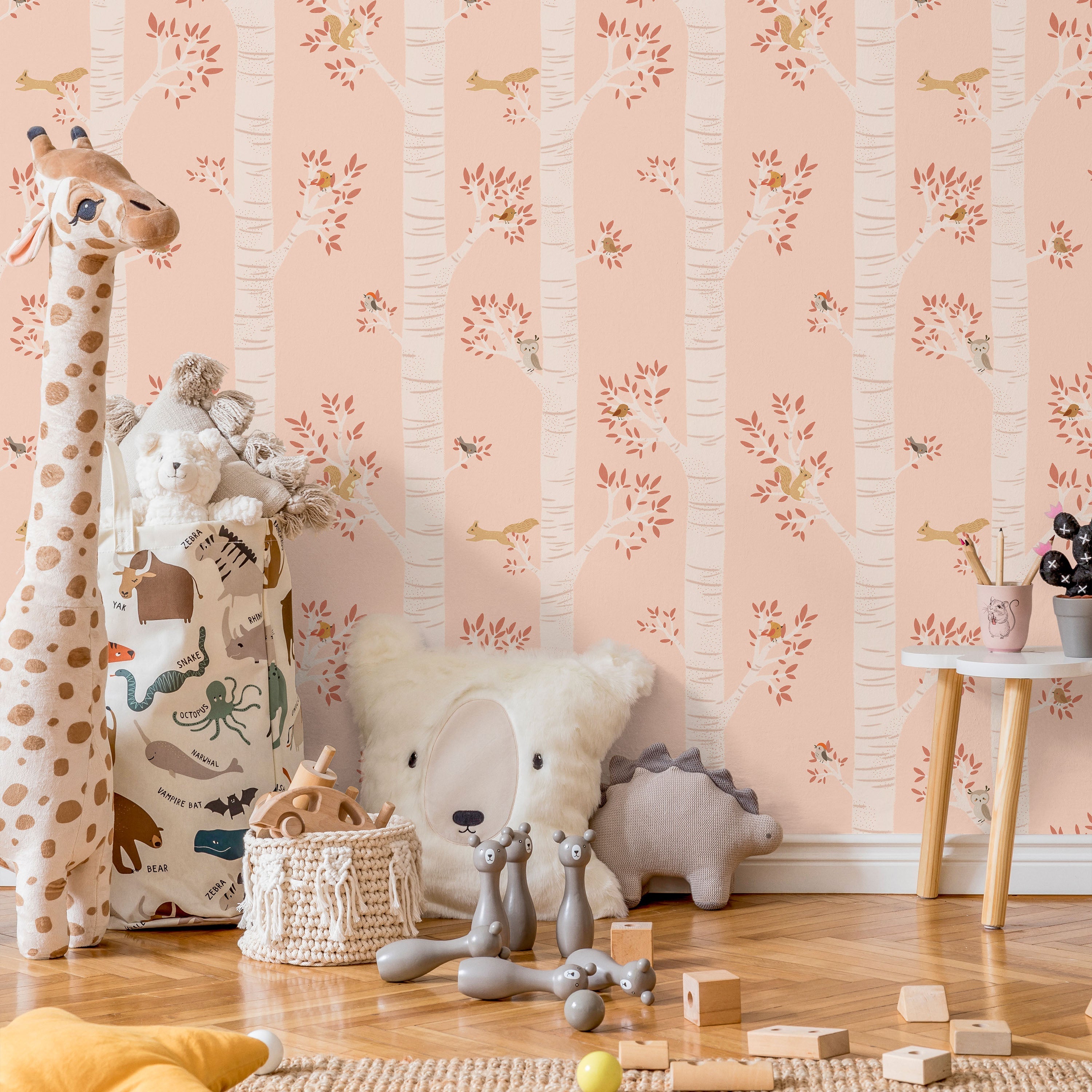 Treetop Tales Peel and Stick Wallpaper, Removable Wallpaper, Traditional Wallpaper - Peachy Blush | DeccoPrint