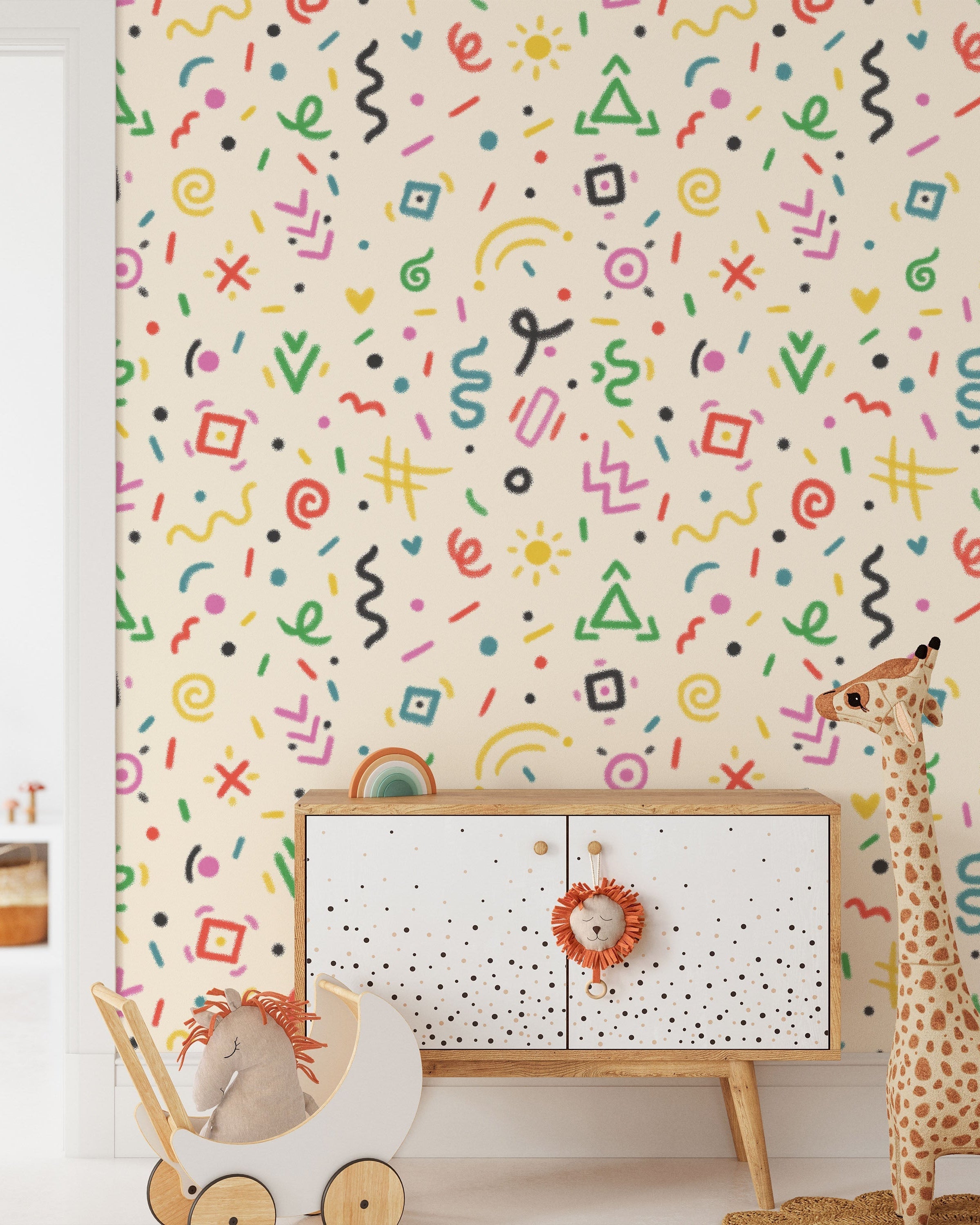 Chalk Doodles Peel and Stick Wallpaper, Removable Wallpaper, Traditional Wallpaper - Warm Beige | DeccoPrint