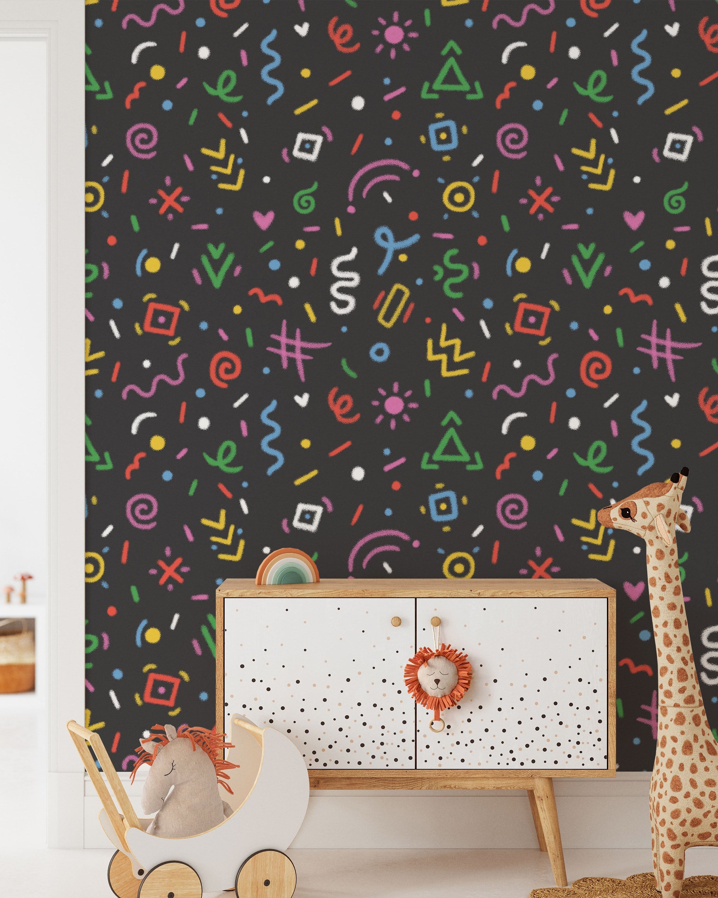 Chalk Doodles Peel and Stick Wallpaper, Removable Wallpaper, Traditional Wallpaper - Dark Grey | DeccoPrint