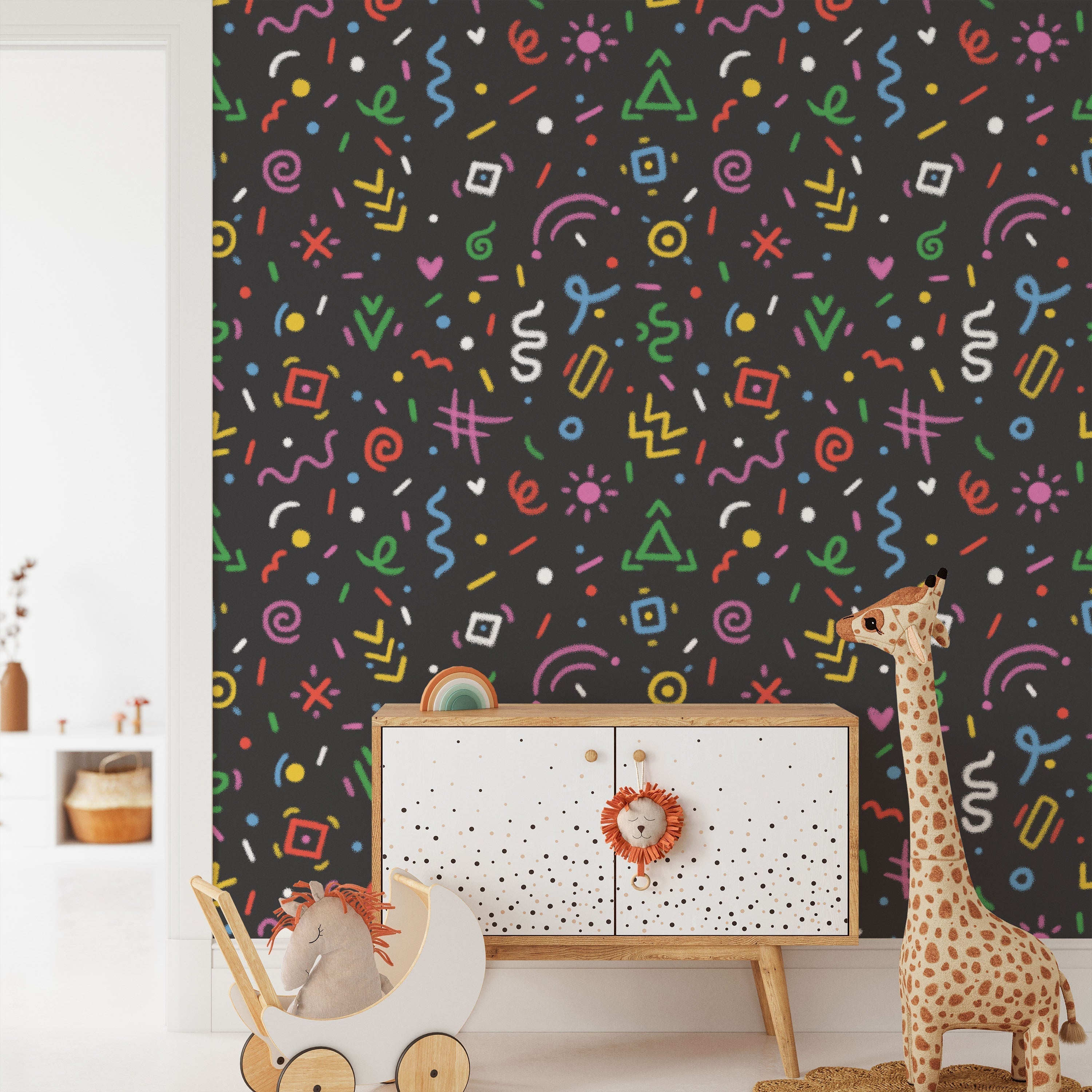 Chalk Doodles Peel and Stick Wallpaper, Removable Wallpaper, Traditional Wallpaper - Dark Grey | DeccoPrint
