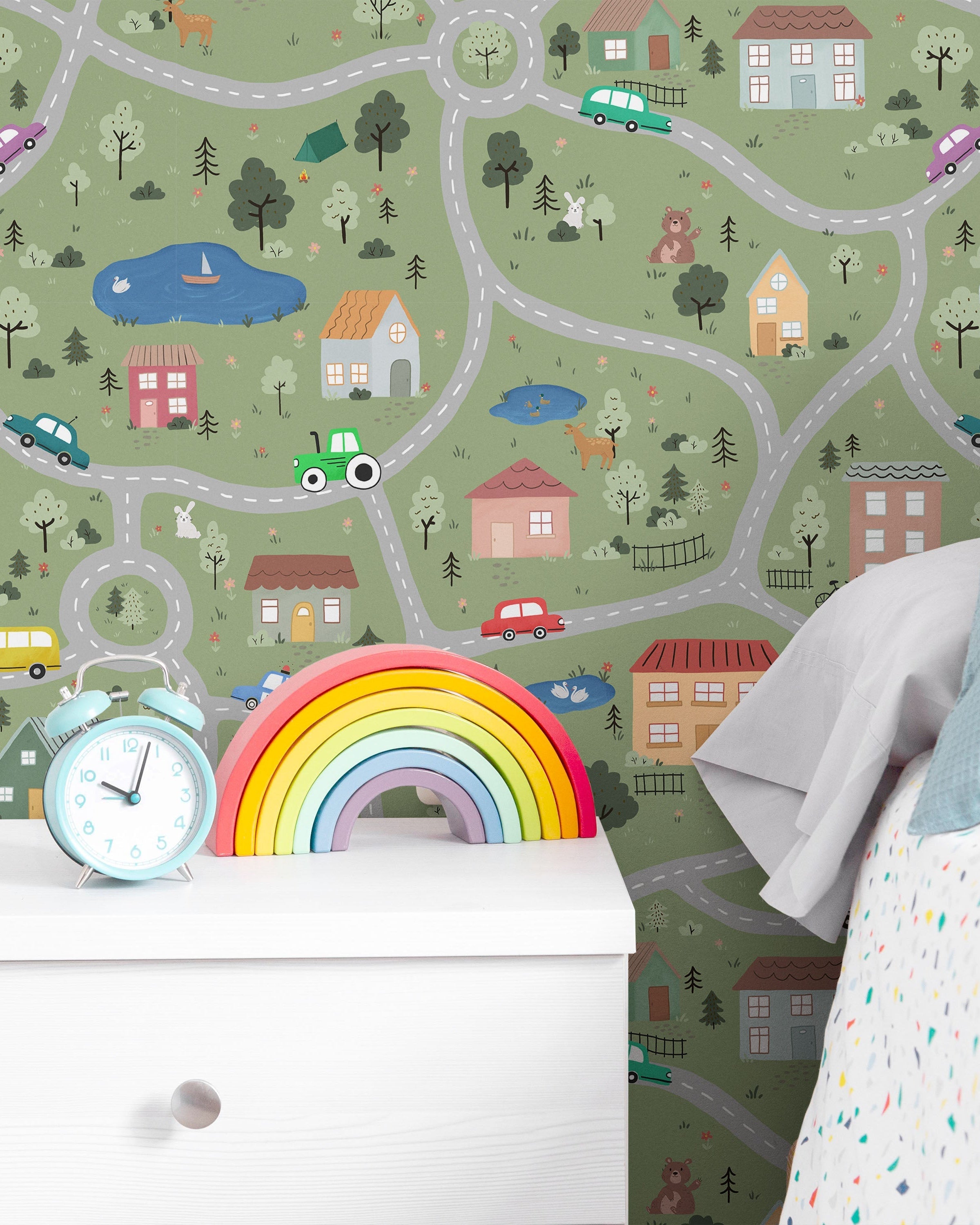 Tiny Town Explorer Peel and Stick Wallpaper, Removable Wallpaper, Traditional Wallpaper - Moss Green | DeccoPrint