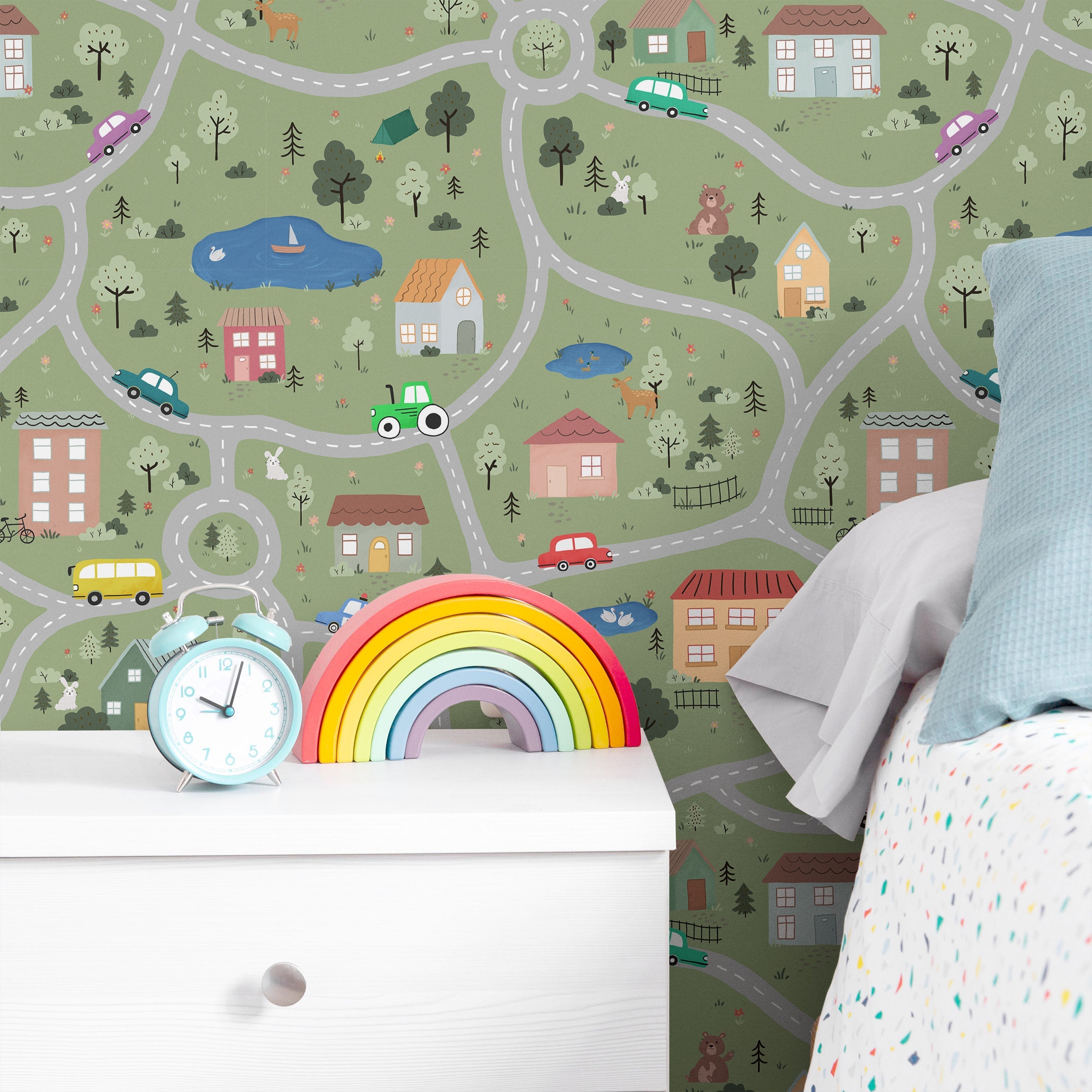 Tiny Town Explorer Peel and Stick Wallpaper, Removable Wallpaper, Traditional Wallpaper - Moss Green | DeccoPrint