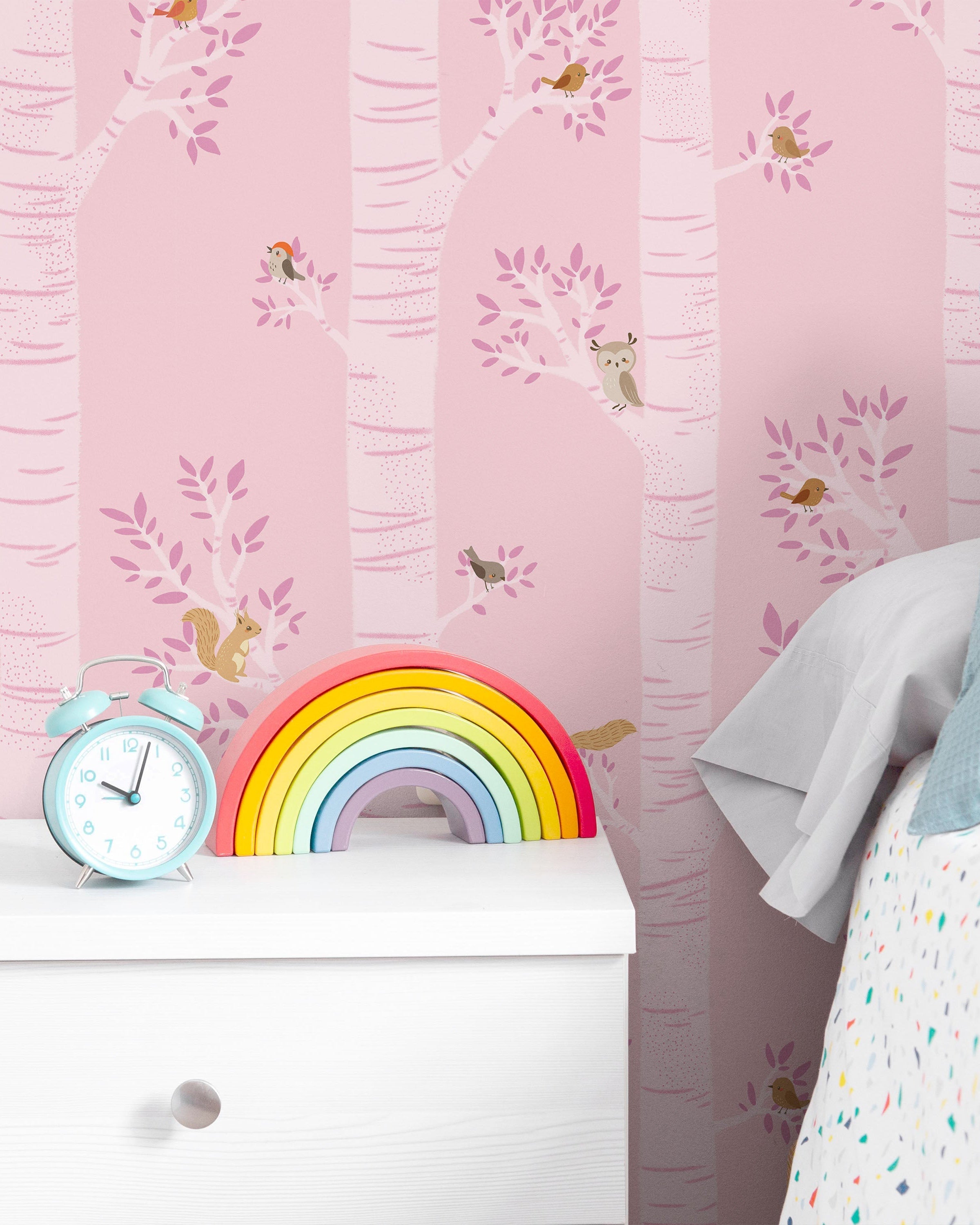 Treetop Tales Peel and Stick Wallpaper, Removable Wallpaper, Traditional Wallpaper - Bubblegum Pink | DeccoPrint