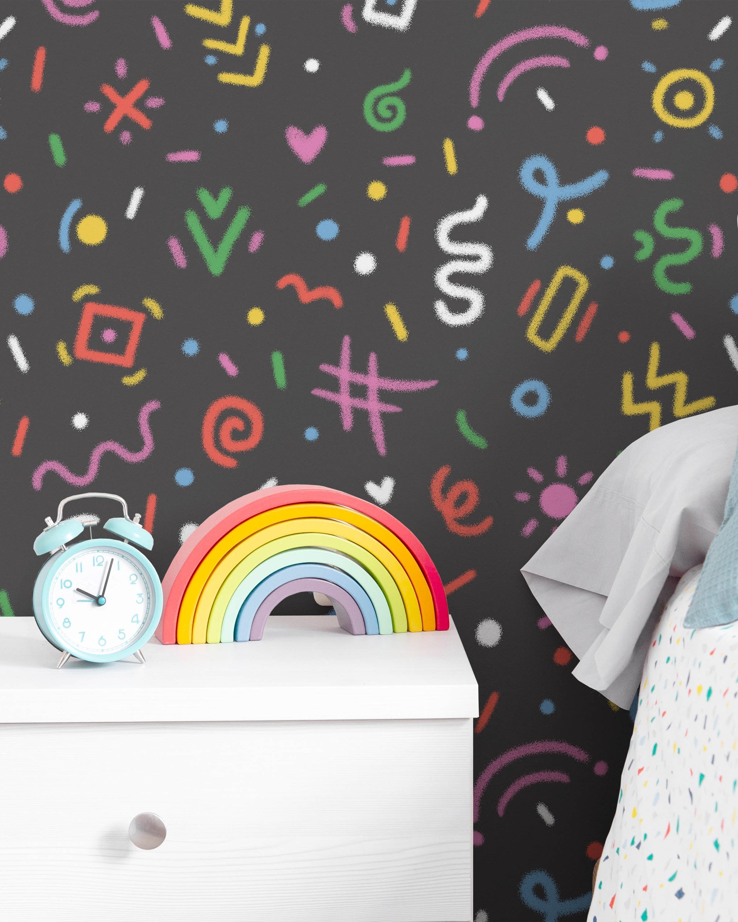 Chalk Doodles Peel and Stick Wallpaper, Removable Wallpaper, Traditional Wallpaper - Dark Grey | DeccoPrint