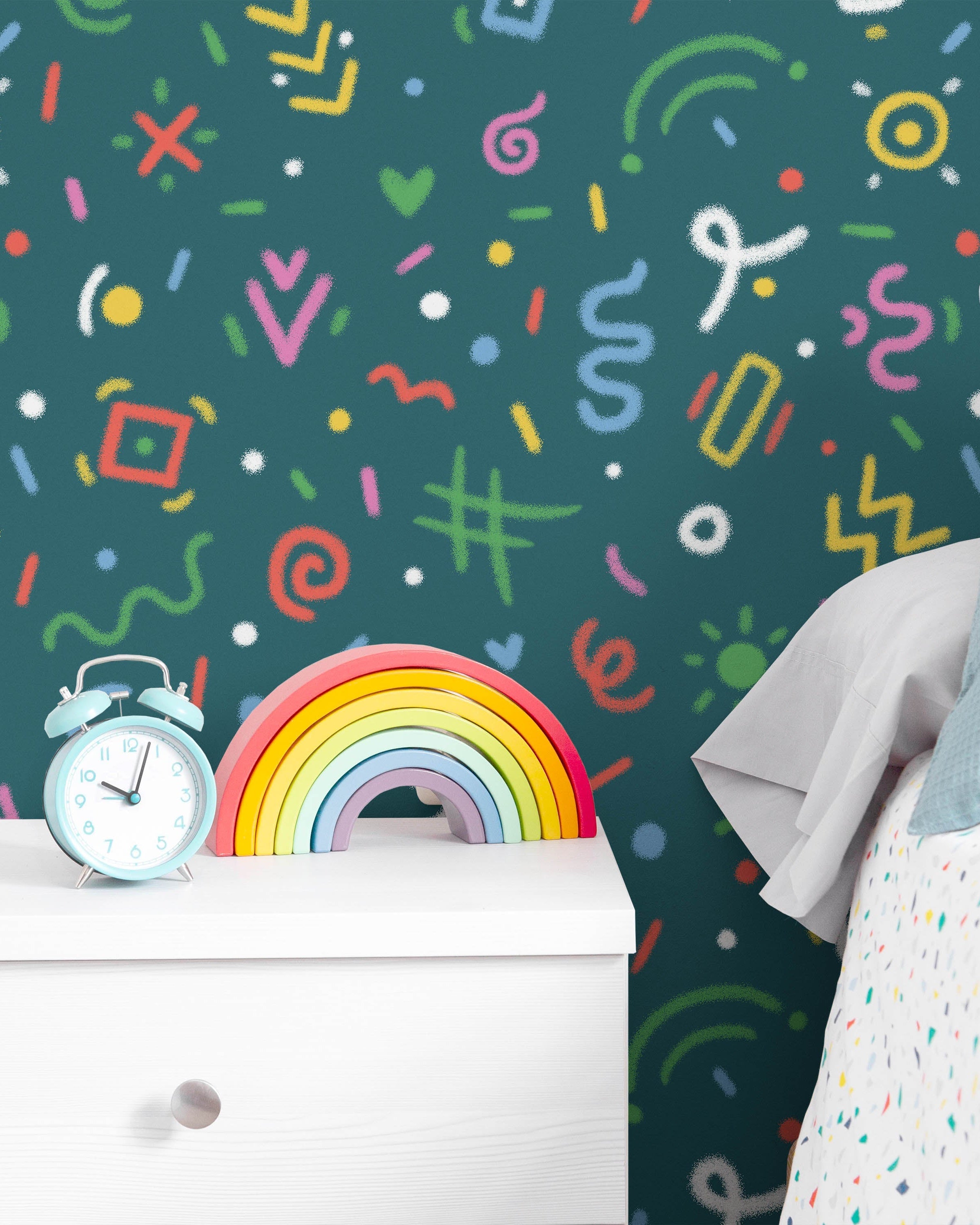 Chalk Doodles Peel and Stick Wallpaper, Removable Wallpaper, Traditional Wallpaper - Dark Teal | DeccoPrint